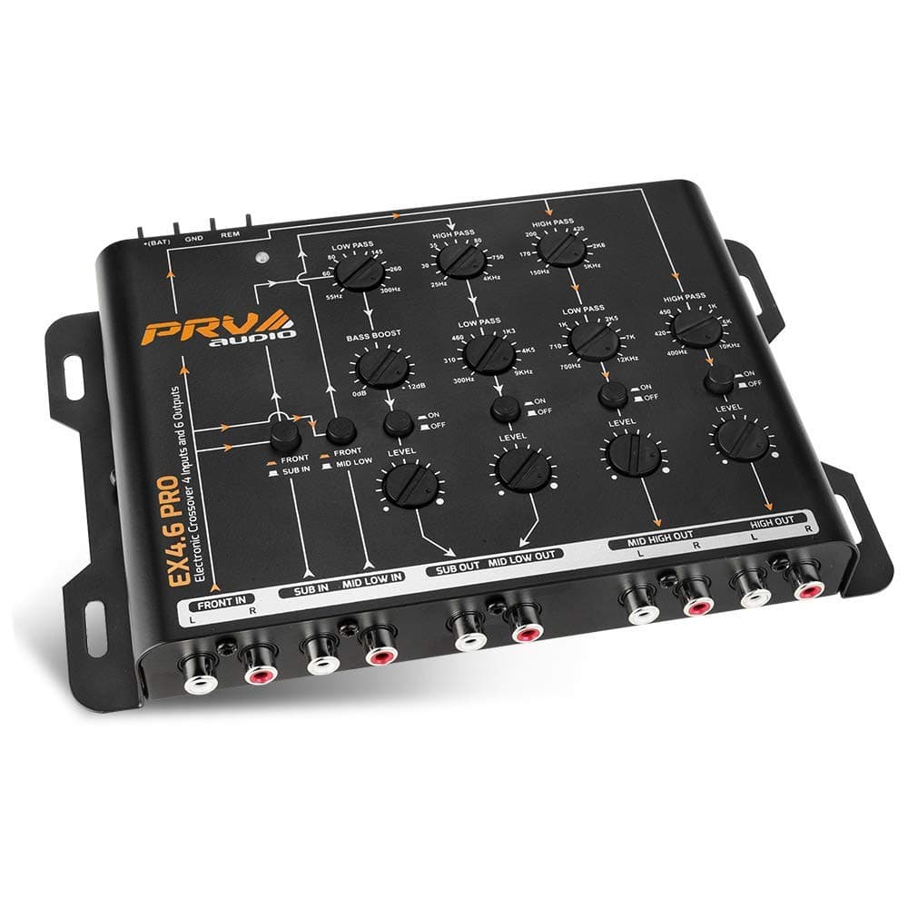 PRV Audio Crossover Car Audio EX4.6 PRO 4 Way or 3 Way Electronic Crossover 9 Volts, 4 in 6 Out RCA Channels Car Sound Processor - EX4.6PRO