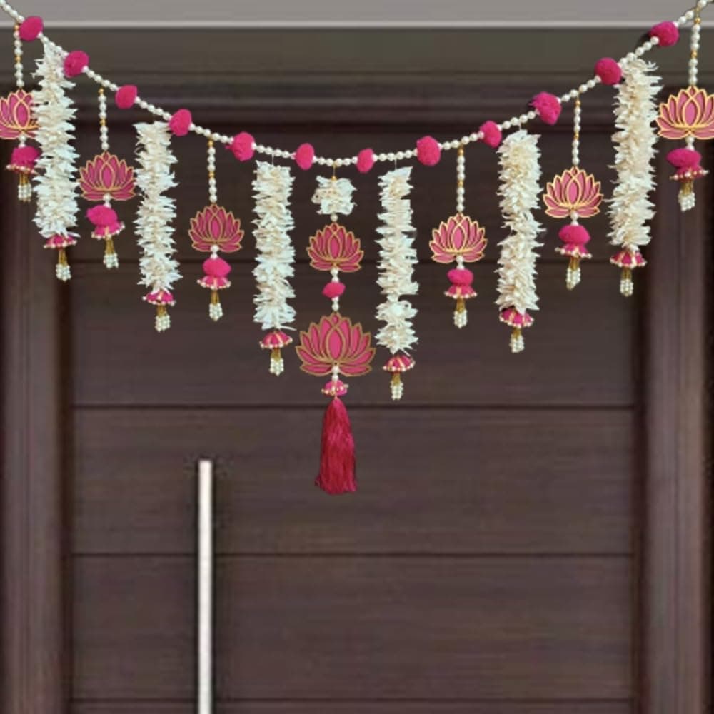Pink Wooden MDF Lotus (TL-01) Style Handmade Door Bandarwal Toran (Both Side Lotus) -Diwali Ganesh Pooja New Year Inauguration Wedding Festival Home Decor (40 in X 15 Inches)