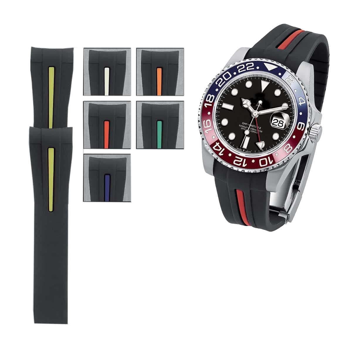 Two-tone Volcanic Rubber Strap Black Curved lug 20 mm adaptable to Rolex Sport, Rubber,