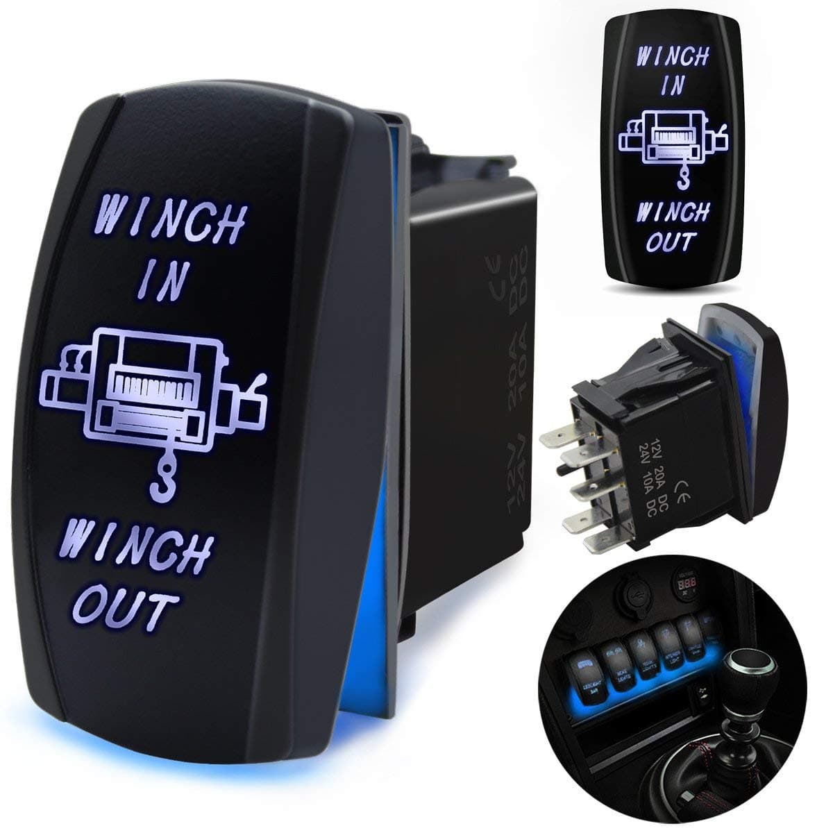 7 Pin Winch in/Out Momentary Rocker Switch Laser ON-Off-ON Two LED Backlit Blue Light 20A 12V for Auto Automotive Motorcycle Truck Boat Marine Off-Road ATV Replace Kit (with Jumper Wire)