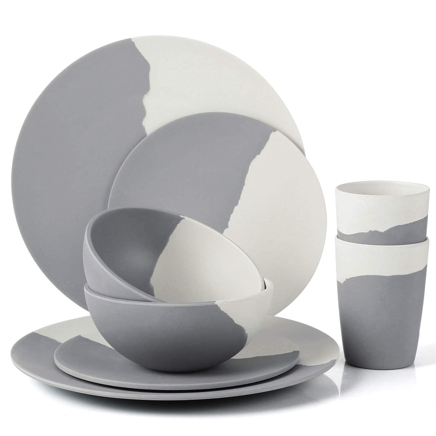 MORGIANA 8 pcs Bamboo Dinnerware Set Reusable Plates Bowls Sets, Camping Picnic Dishes Tableware Set for 2 (Grey & White)