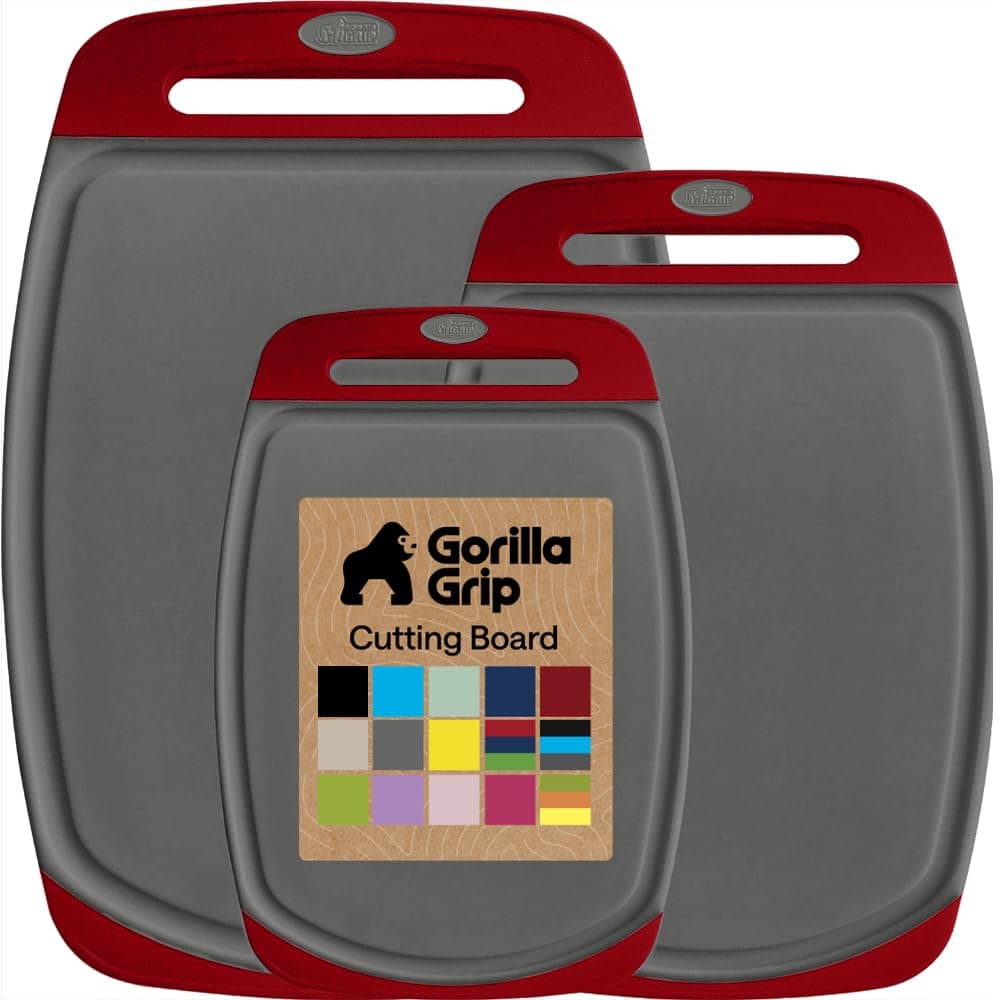GORILLA GRIP BPA-Free Reversible Kitchen Cutting Board Set of 3, US Designed, Nonporous, Juice Grooves Catch Liquid, Slip Resistant Border, Dishwasher Safe, Durable Large Food Chopping Boards,Gray Red