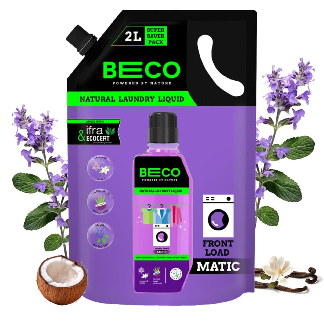 Beco Matic-Front Load Natural Laundry Liquid Detergent| 2 Litre Super Value Refill | Natural Formula for Tough Stain Removal & Fabric Care | No Harsh Chemicals | 100% Ecofriendly