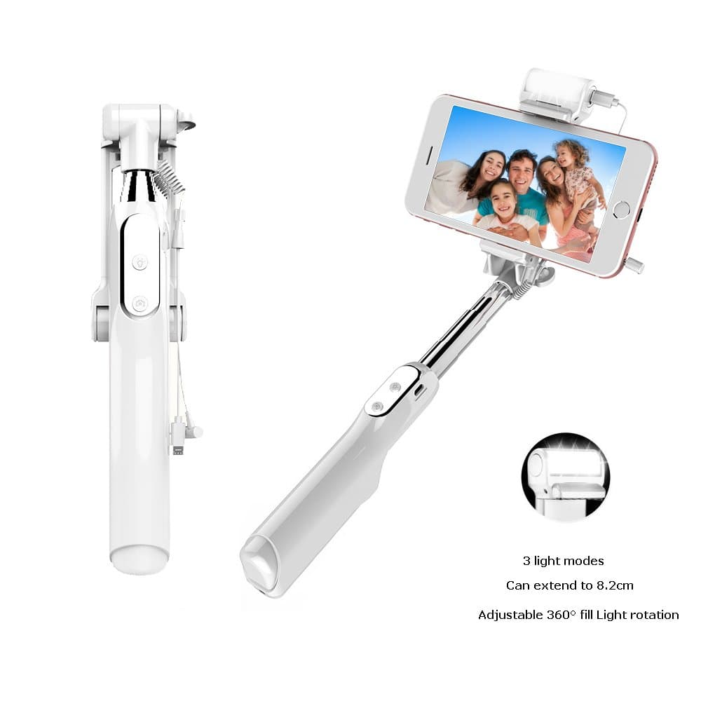 Selfie Stick,Bbtops Selfie Stick Extendable Cable Control with Led Fill Light and Reflective Mirror,270 Degrees Adjustable Ideal for Iphone 7/6S/6/6 plus,Samsung S7/S6/S5,HTC,G5,and Most Mobile Phone (white)