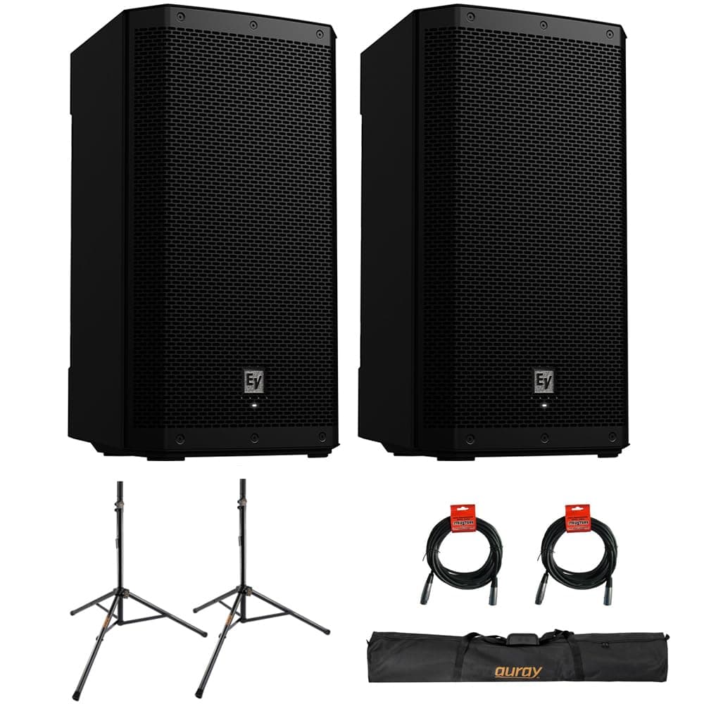 ZLX-15P-G2 15" 2-Way 1000W Bluetooth-Enabled Powered Loudspeaker (Pair) Bundle with Auray SS-47S-PB Steel Speaker Stands with Carrying Case and 2X XLR Cable