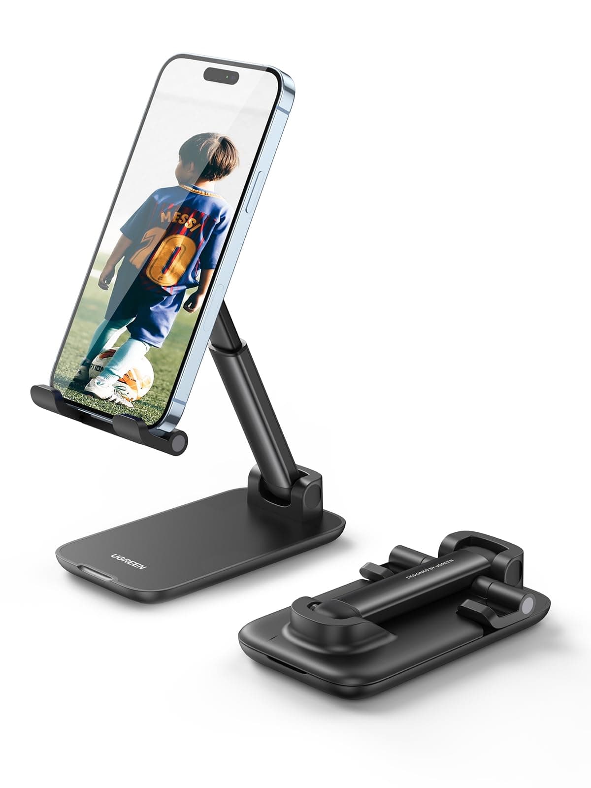 UGREEN Phone Stand, Height Adjustable Phone Holder, Aluminum Foldable Mobile Stand for Desk, Stable iPhone Holder Compatible with iPhone 17/16/15/14 Series Galaxy S26/25/24 Ultra Black