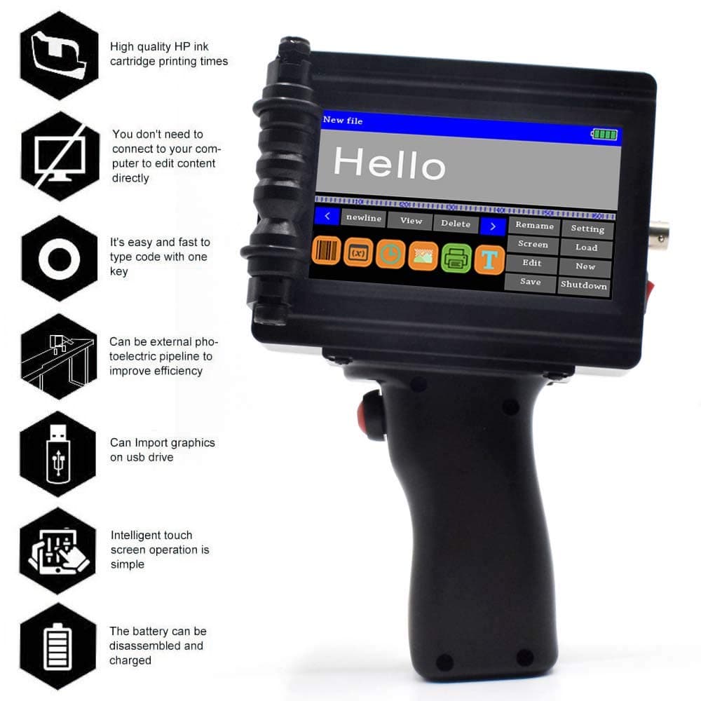 Upgraded Handheld Inkjet Printer Intelligent 600DPI Jet Printer Portable Inkjet Coding Machine Date Coder with Touch Screen 360 Degree Batch Number Logo QR Code Label Printer,US Stock