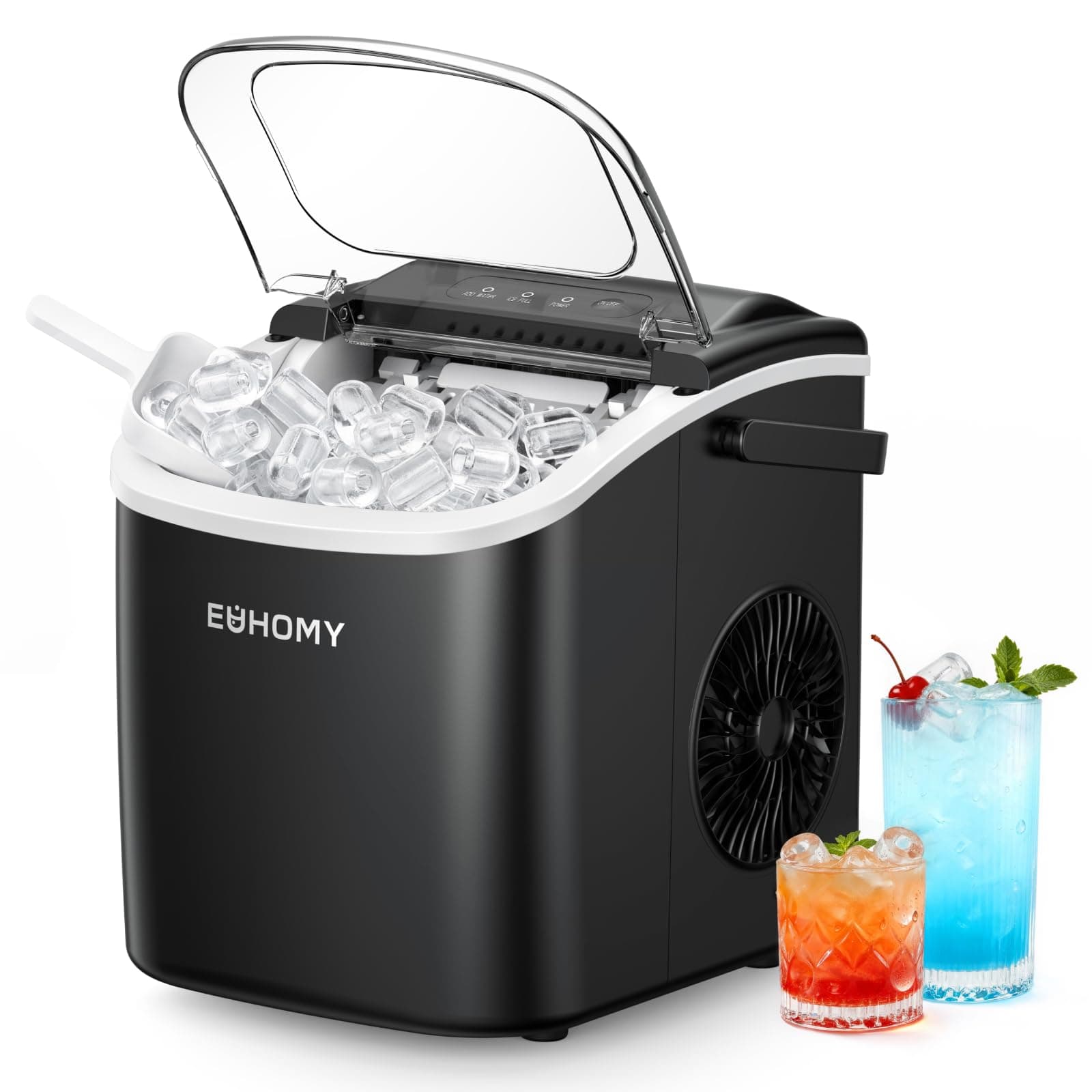 EUHOMY Countertop Ice Maker Machine with Handle, 26lbs in 24Hrs, 9 Ice Cubes Ready in 6 Mins, Auto-Cleaning Portable Ice Maker with Basket and Scoop, for Home/Kitchen/Camping/RV. (Black)
