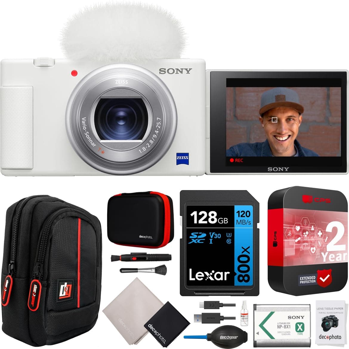 ZV-1 Compact Digital Vlogging 4K HDR Video Camera for Content Creators & Vloggers White DCZV1/W Bundle with CPS 2 YR Extended Protection Pack + Deco Gear Case + 128GB Card & Accessories Kit
