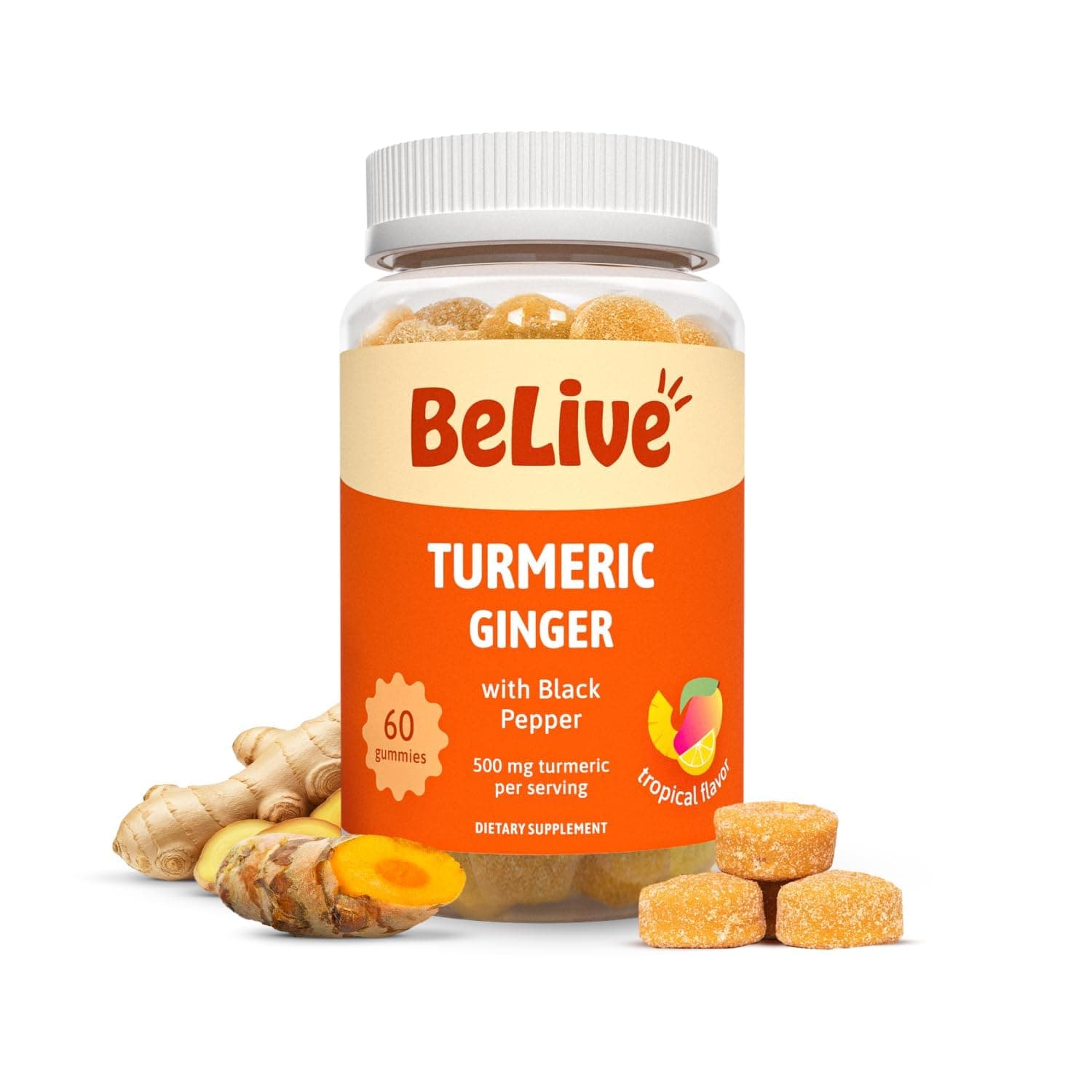 BeLive Turmeric and Ginger Gummies - 500mg - Joint and Mobility Support Supplement - Curcumin with Black Pepper for Enhanced Absorption - Gluten Free and Vegan - Tropical Flavor - 60 Count