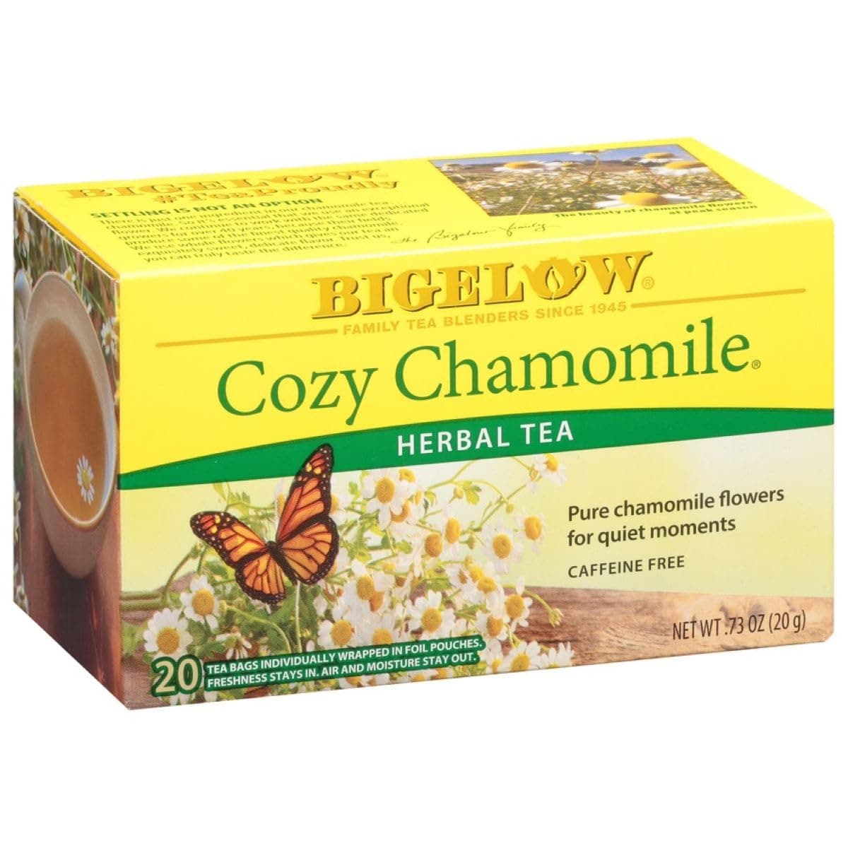 Bigelow Cozy Chamomile Herbal Tea Bags 20-Count Boxes (Pack of 6) Caffeine-Free Individual Herbal Tisane Bags, for Hot Tea or Iced Tea, Drink Plain or Sweetened with Honey or Sugar