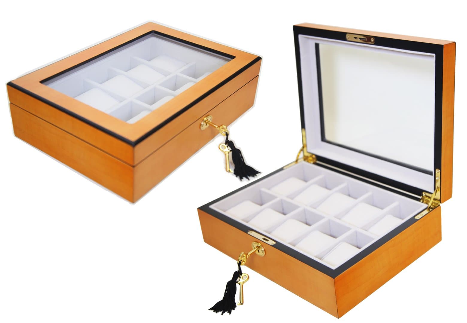 Oineh Elegant Oak Wood Watch Display Case Box with Lock and Key for Watches and Jewelry, 10 Compartment