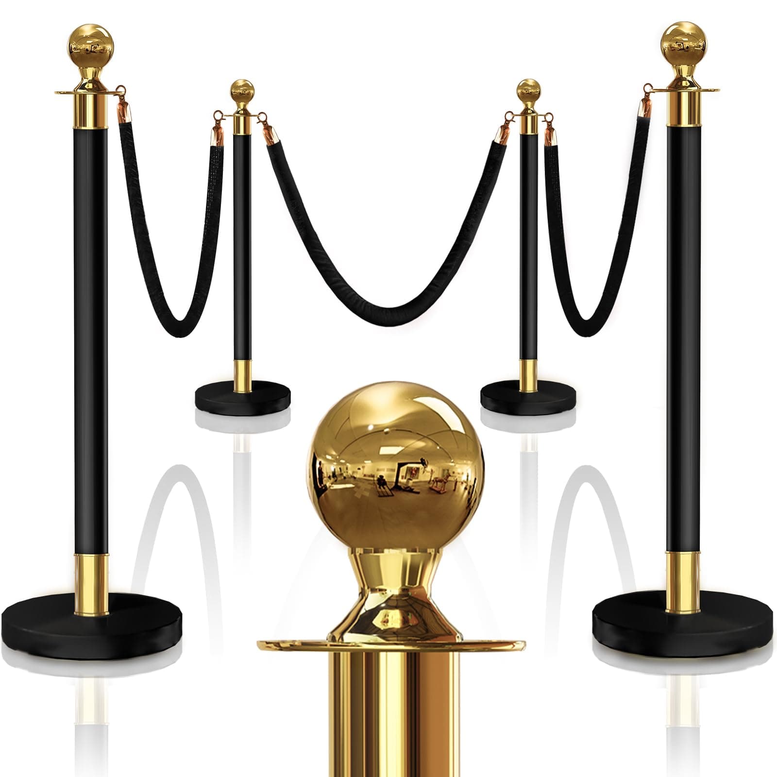 4PCS Black-Gold Stanchions Posts with 3PCS 5 ft Red Velvet Rope, Red Velvet Rope Stanchion Set Crowd Control Barriers, Stanchions and Velvet Ropes Red Carpet Poles for Party Supplies