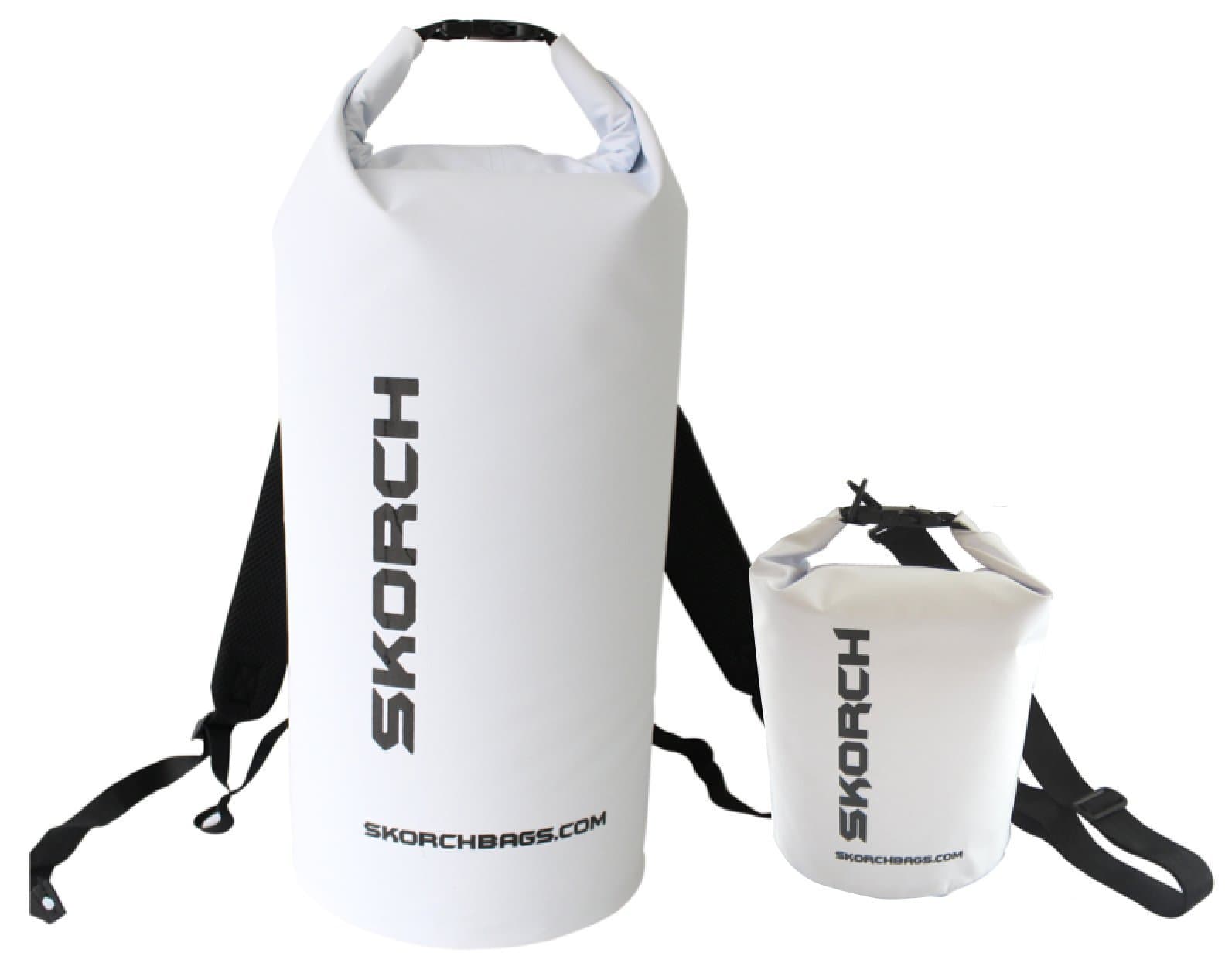 SKORCH 2 Pack Waterproof Backpack Dry Bag Set. Protects Your Gear From Water and Dirt While You Have Fun. Rugby, Beach, Kayak, Paddle Board, Camping, Sailing and Skiing. (White Backpack + Matching White Dry bag, 30L Backpack + 5L Dry Bag)