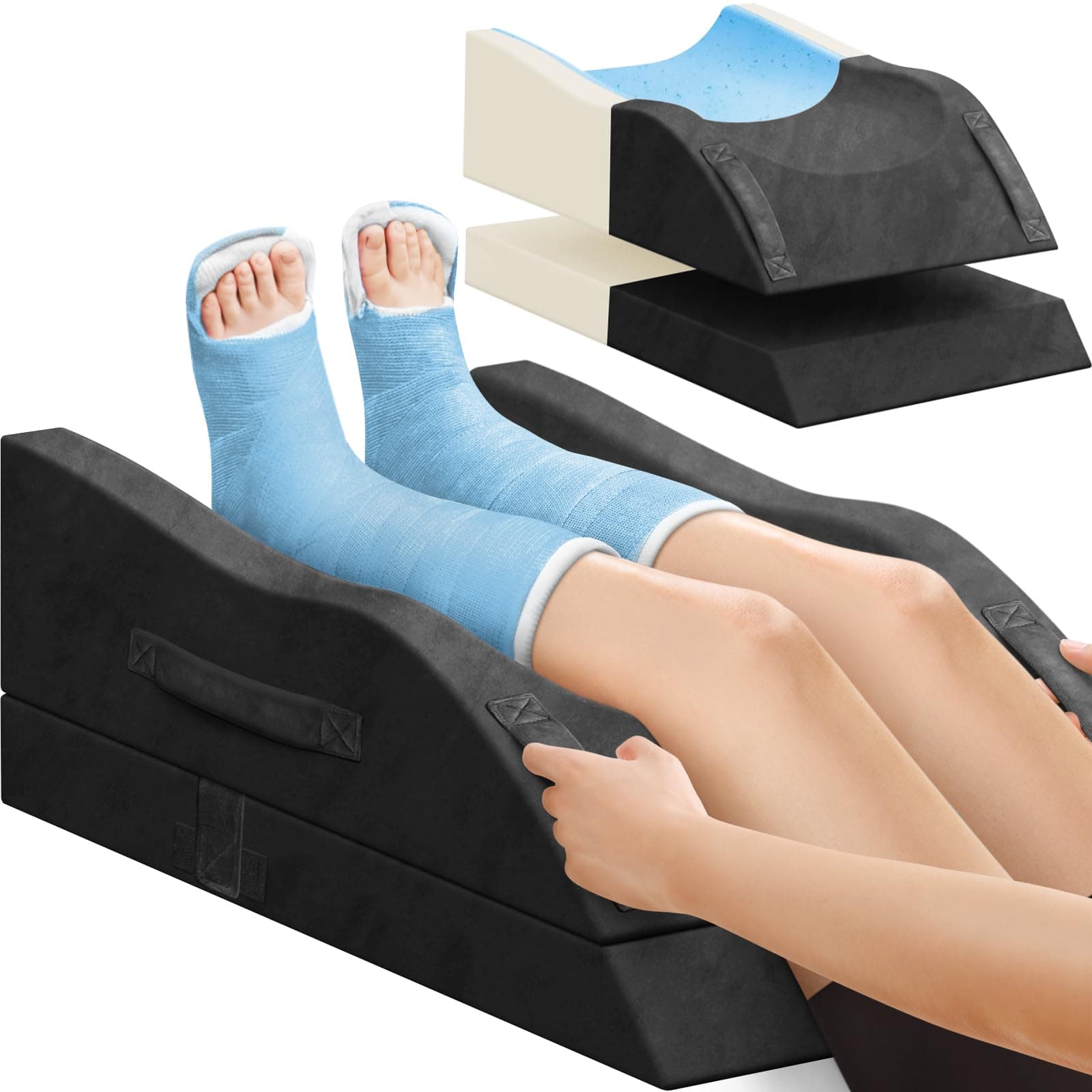 Double Leg Elevation Pillows, Wedge Pillow for After Surgery, Memory Foam Support Adjustable, Comfort Care for Back Knee Hip Ankles Pain, Knee Pillow for Sleeping Blood Circulation Black