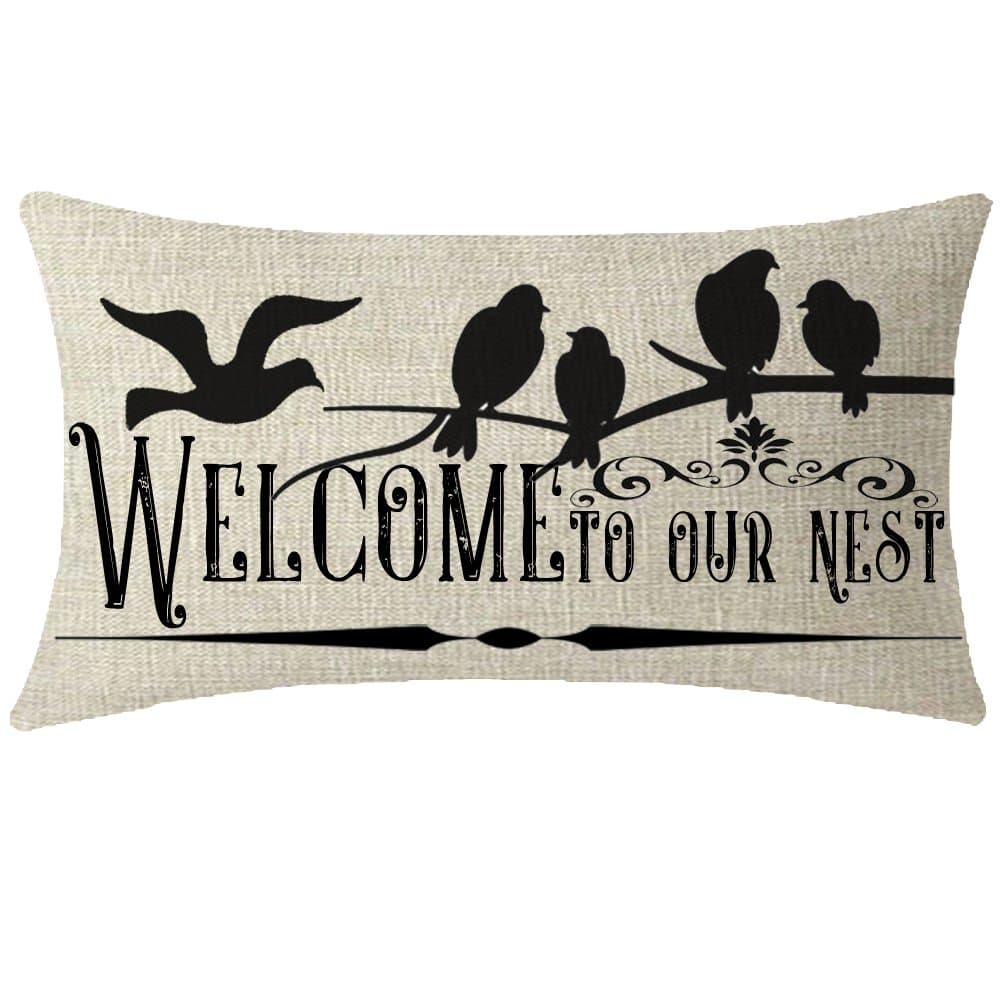 NIDITW Nice Gift Autumn Greeting Couples Birds Tree Branches Welcome to Our Nest Lumbar Body Beige Cotton Linen Throw Pillow Case Cushion Cover Sofa Decorative Oblong 12x20 Inches…