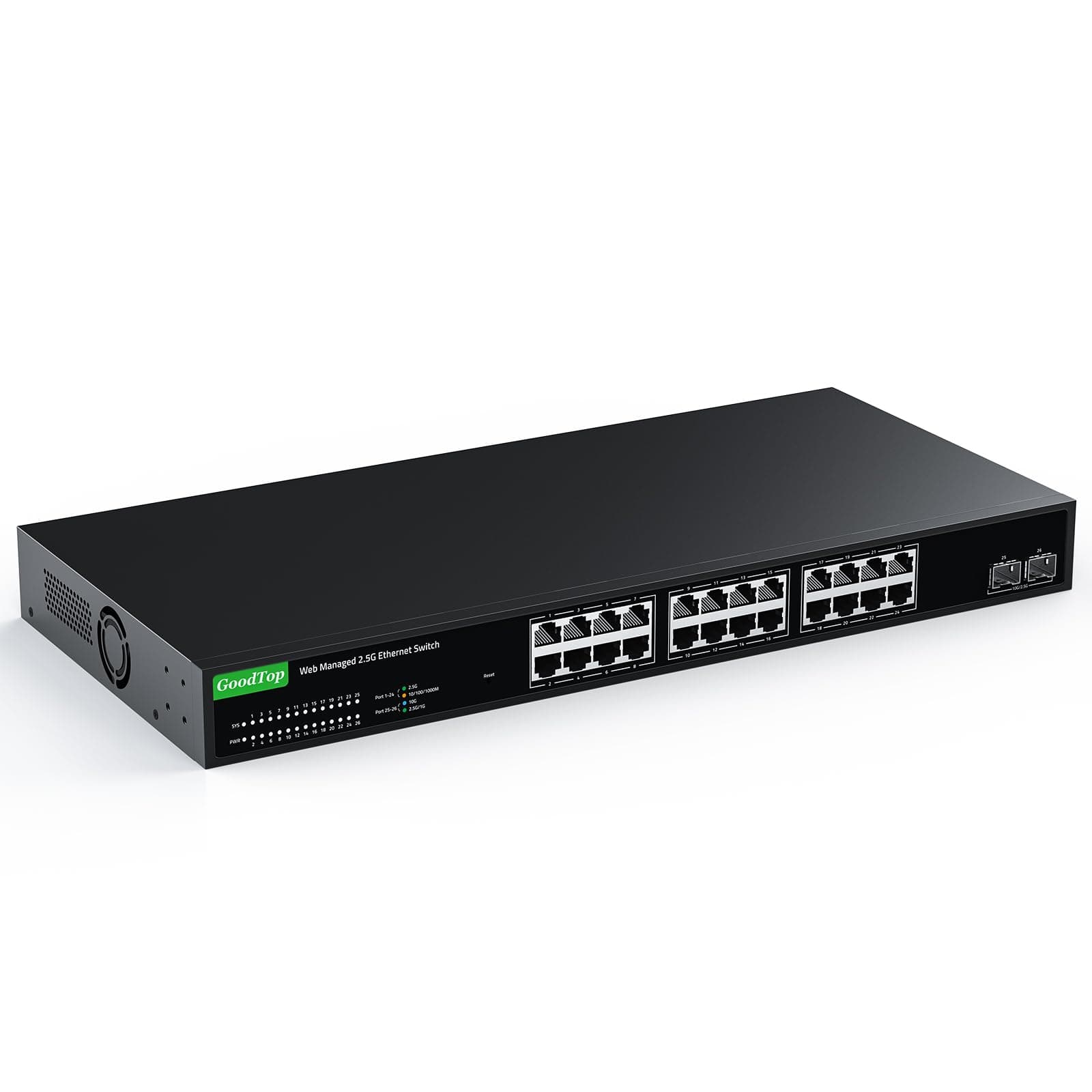 24 Port 2.5Gb Web Managed Switch,24 x 2.5G Port,2 x 10G SFP+,160Gbps Bandwidth Smart Managed Network Switch with LACP/VLAN/QoS/DHCP Client,Metal Housing,Ethernet Switch,1U Rack Mounted