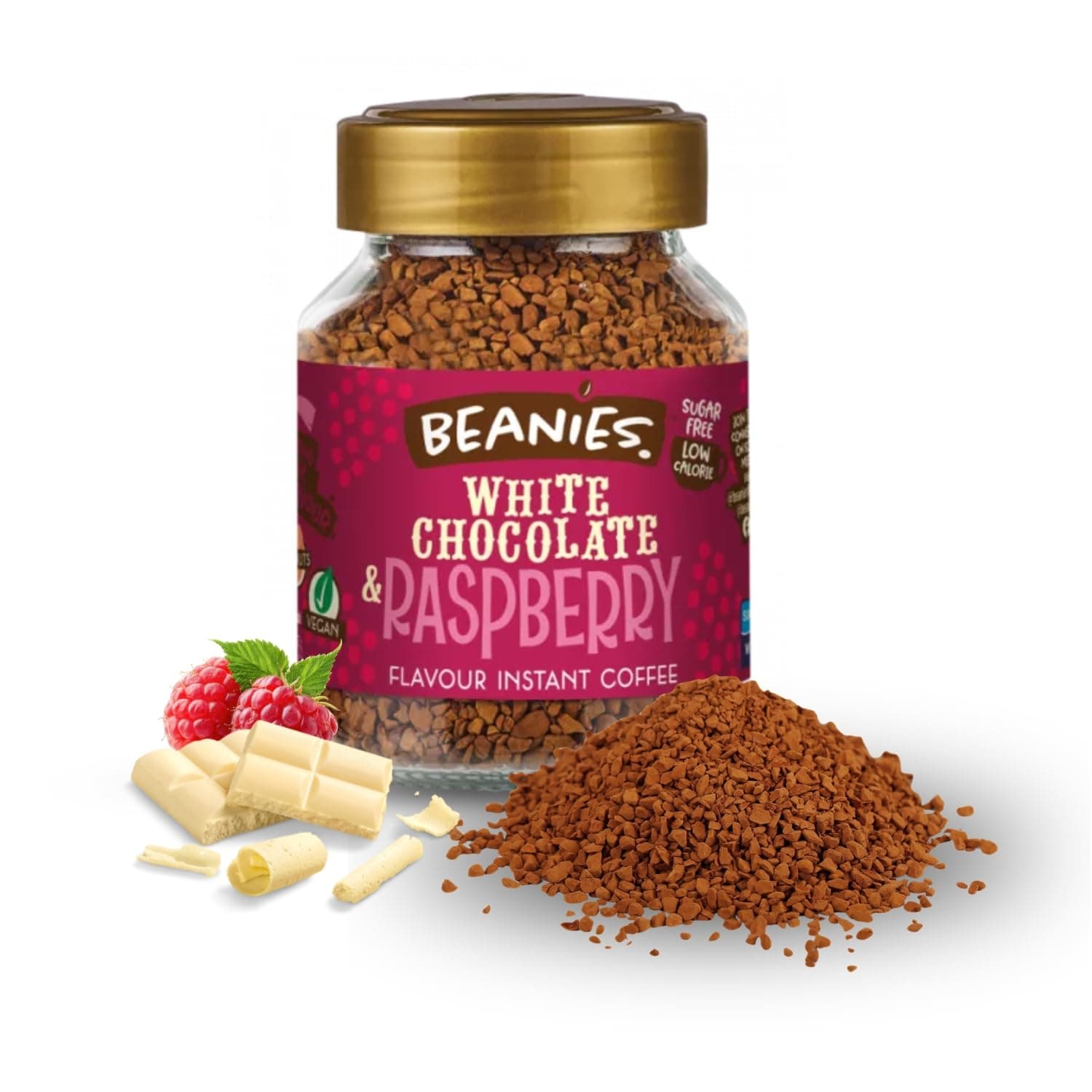 Beanies White Chocolate & Raspberry Flavoured Instant Coffee | 50g | Freeze Dried Coffee with White Chocolate & Raspberry