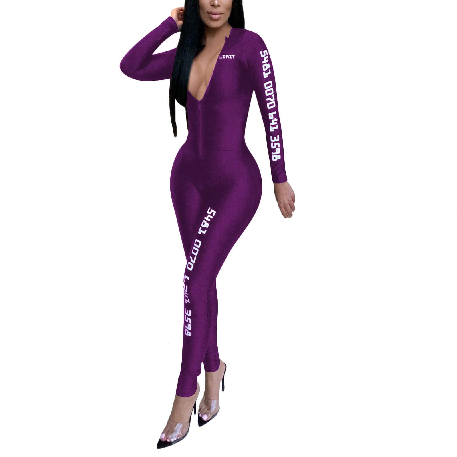 Women's Deep V Neck Long Sleeve Printed Bodycon Jumpsuits Romper Clubwear Purple