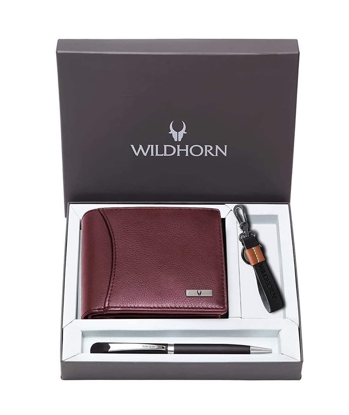 WildHorn Gift Hamper for Men I Top Grain Leather Wallet, Keychain & Pen Combo Gift Set I Gift for Friend, Boyfriend,Husband,Father, Son etc, Maroon M, M, Contemporary