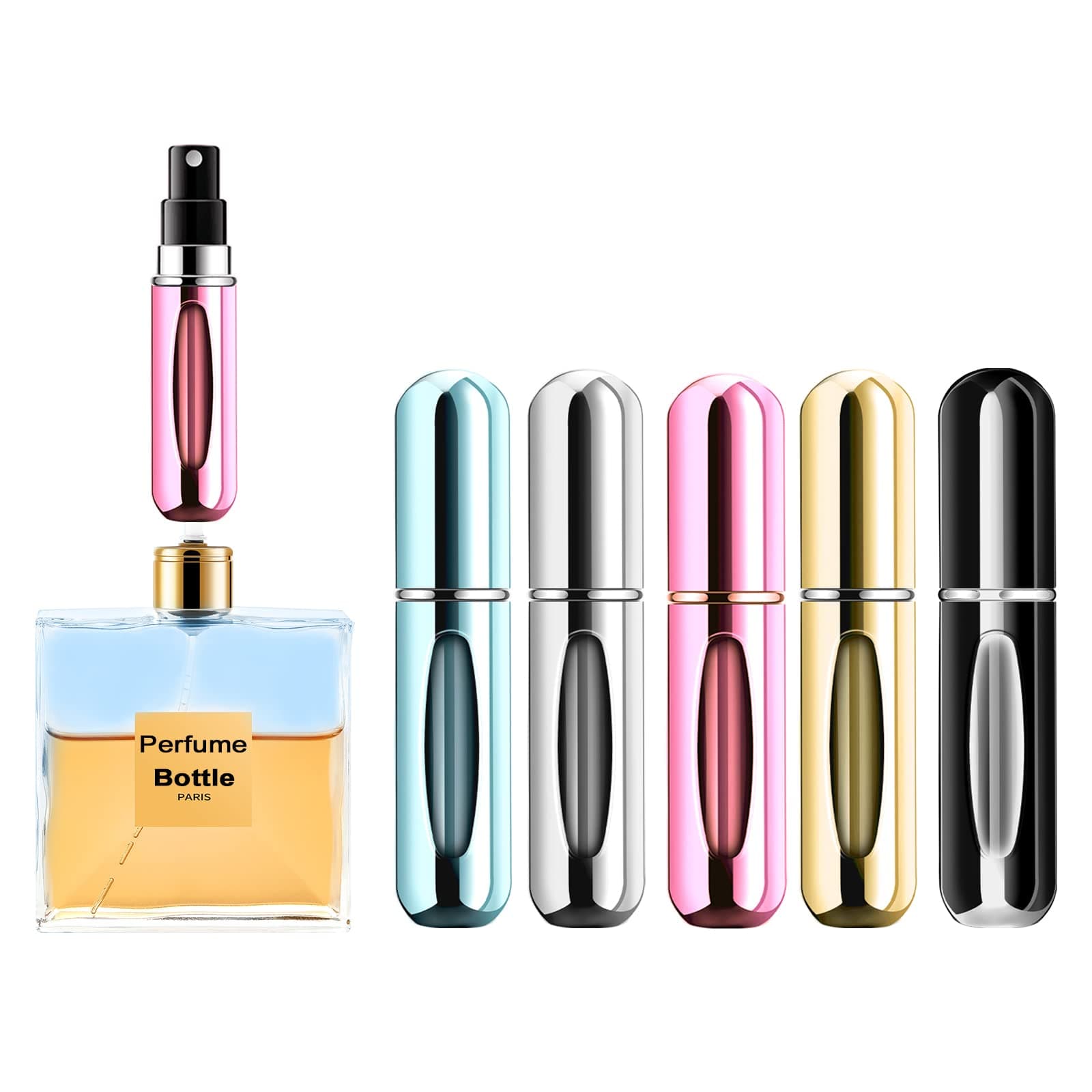 Yamadura Portable Mini Perfume Atomizer Refillable Spray Bottle, Scent Pump Case (5Ml, 5 Pack) (Pink, Gold, Black, Silver, Blue)