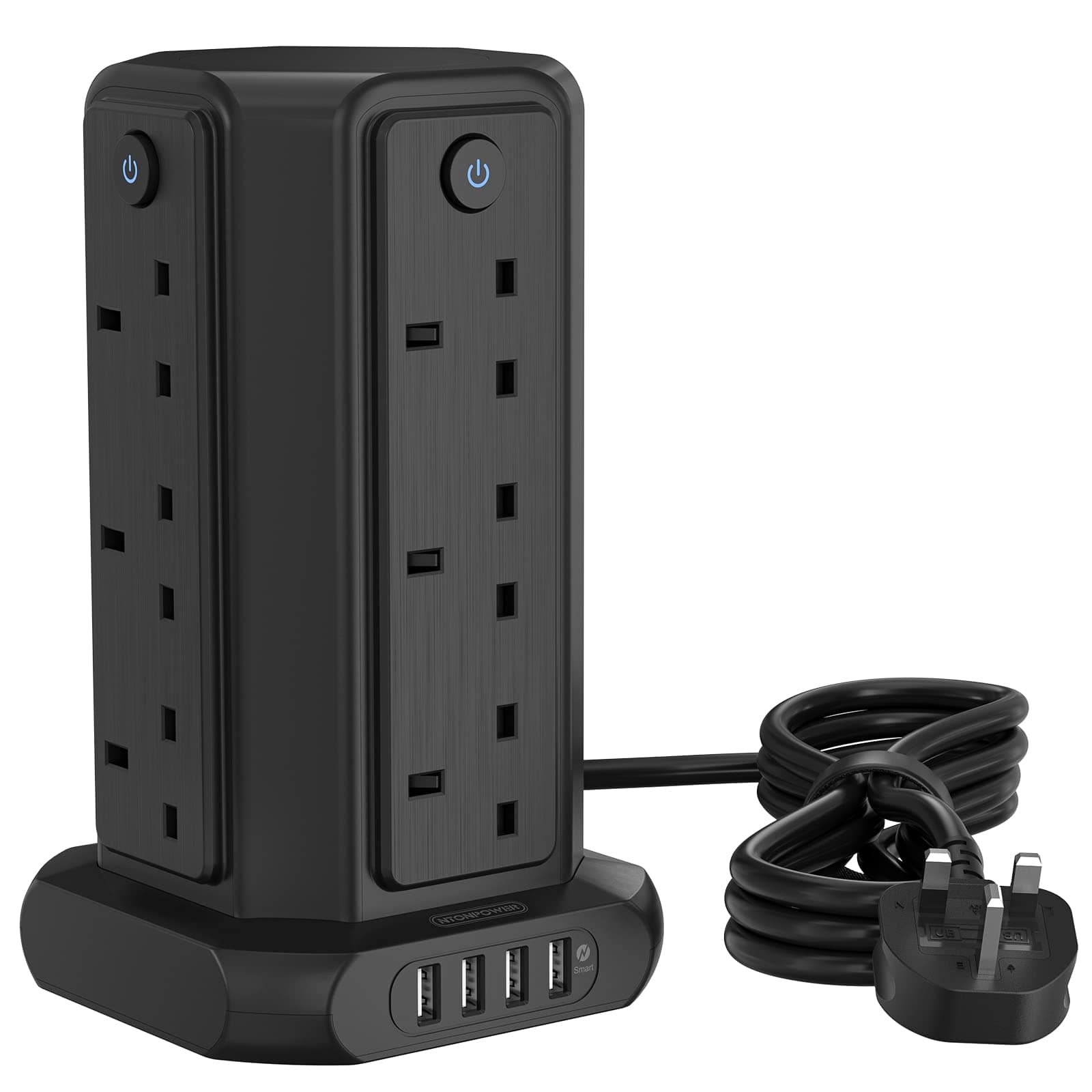 Power Strip Tower with USB, NTONPOWER 1080J Surge Protector Tower with 12 Sockets 4 USB, 1.5 Meter Power Extension Cord, Overload Protection, 3250W Extension Lead, 13 amp Fused Plug, Individual Switch