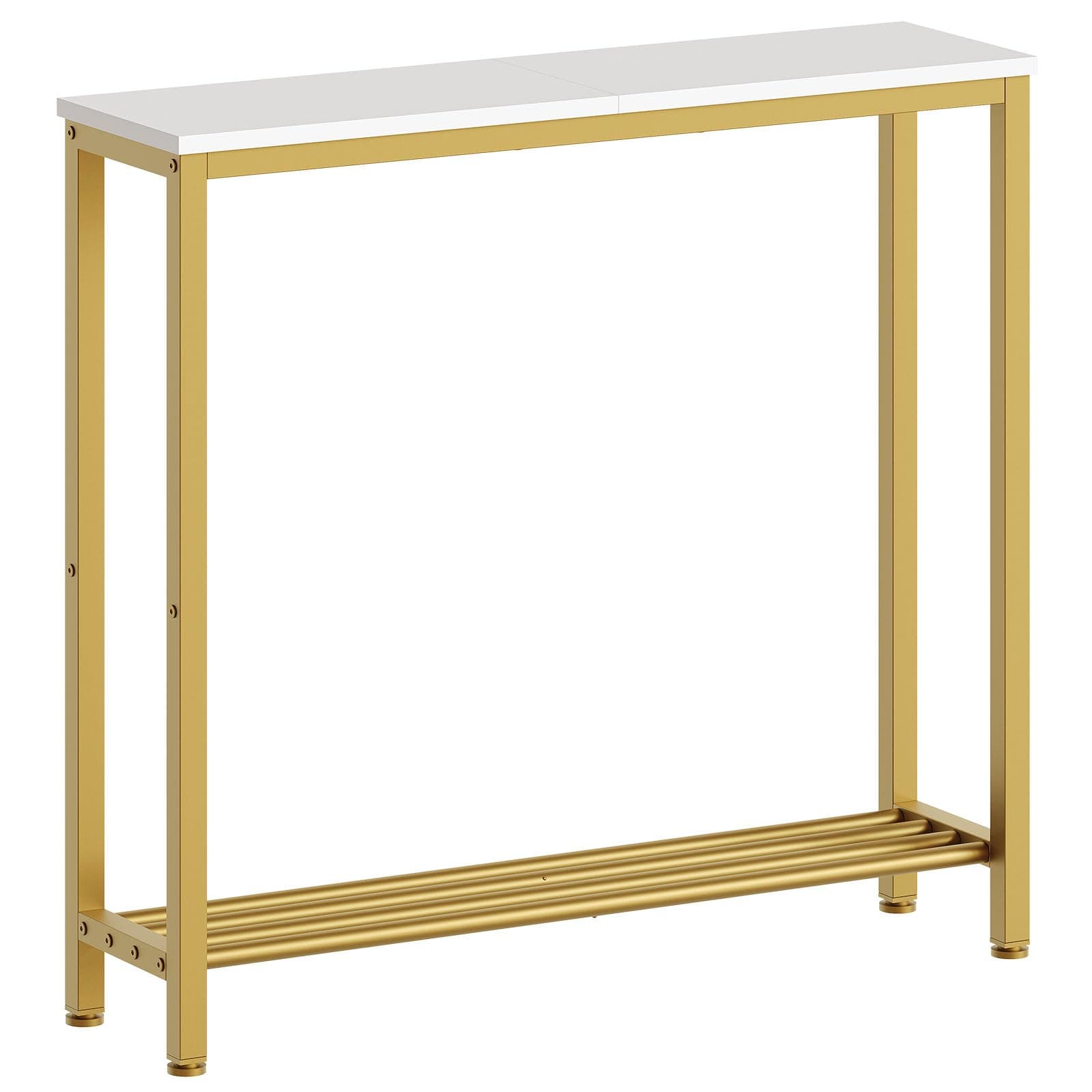 YATINEY Narrow Console Table, 2-Tier Small Sofa Table, 29.5" Thin Entryway Behind Couch Table with Shelves, Industrial Hallway Table, for Living Room, Foyer, White and Gold CT03DW