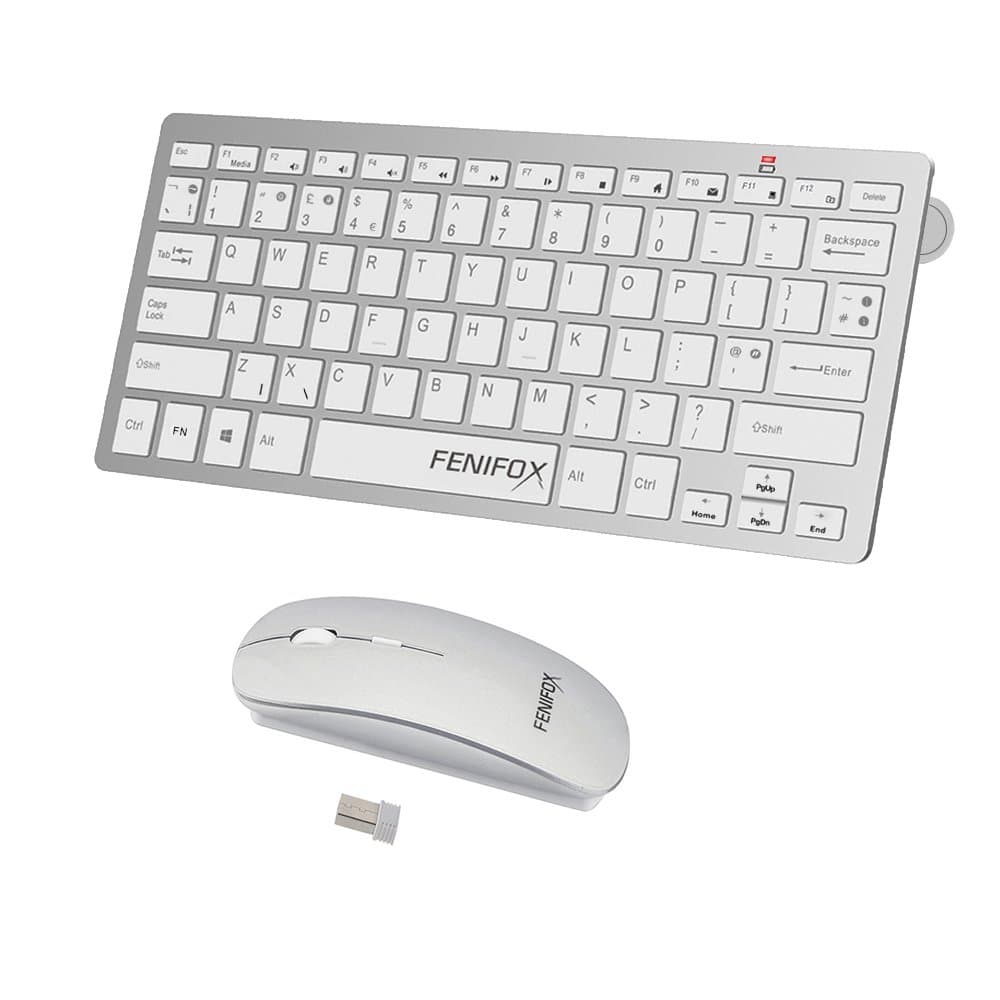 Wireless Keyboard & Mouse, Fenifox Ergonomic QWERTY Small Thin Whisper Quiet UK Layout 2.4G USB Keyboard & mice Set Compact Computer Pc Laptop Windows Os Xp (Silver And White)
