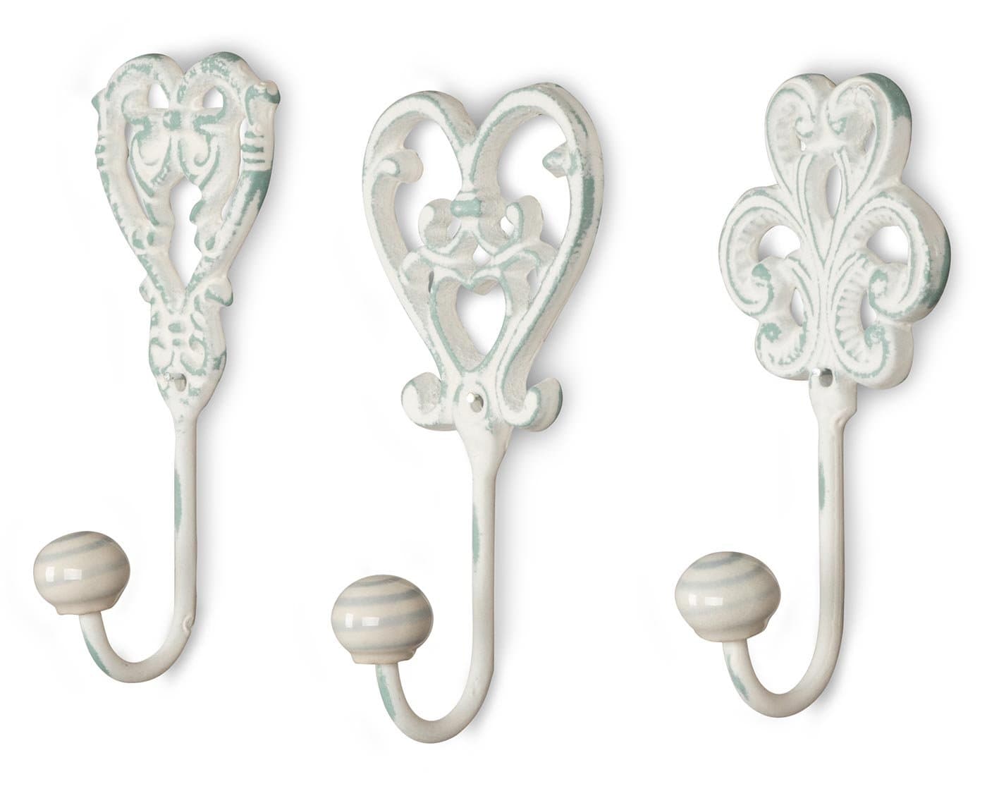 Set of 3 Wall Hooks White Grey Clothes Hooks Wall Coat Rack Coat Hooks Iron Shabby Chic Country House Vintage Nostalgia Antique Ornaments Baroque