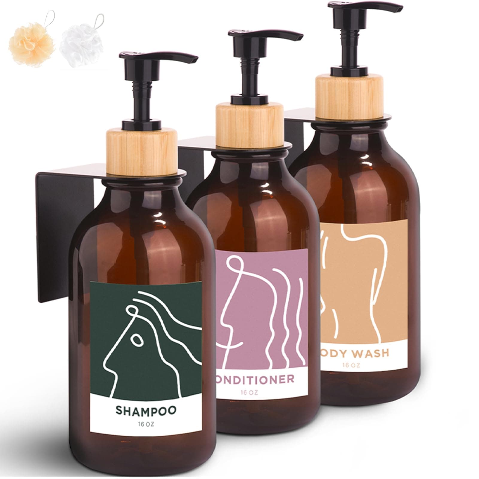 Shampoo and Conditioner Dispenser for Shower Wall - 16oz Empty Shampoo Bottles with Pumps - Drill Free Hand Soap Dispenser for Bathroom and Kitchen Sink - Set of 3 & 6 Labels Amber