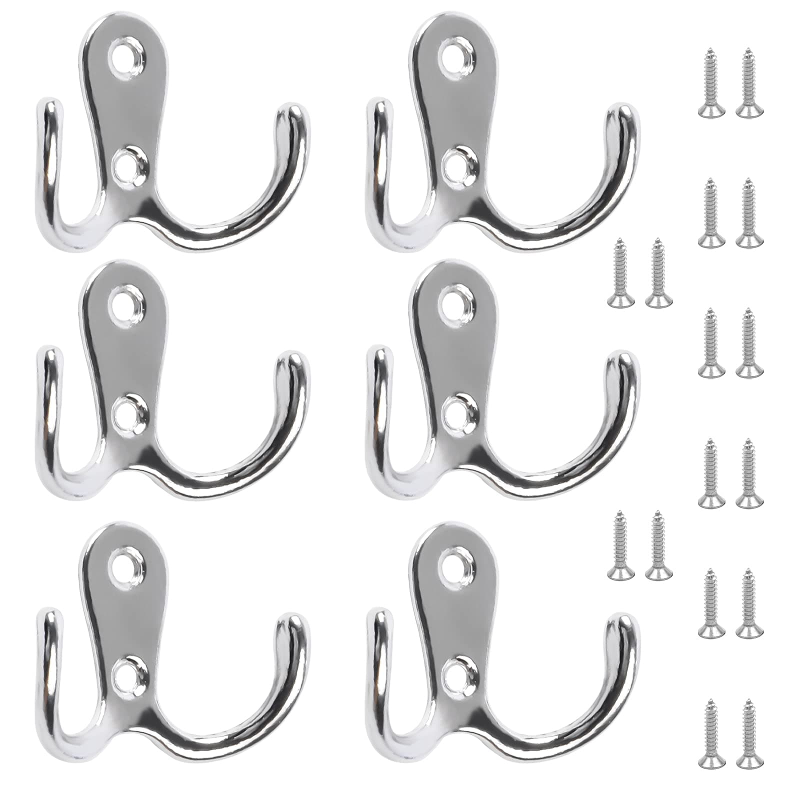 6 PCS Dual Coat Door Hooks, Double Prong Wall Mounted Hooks with 16 PCS Screws for Hanging Hat Tie Clothes Towel Metal Retro Cloth, Chrome Hanger for Bedroom Bathroom Kitchen,Silver
