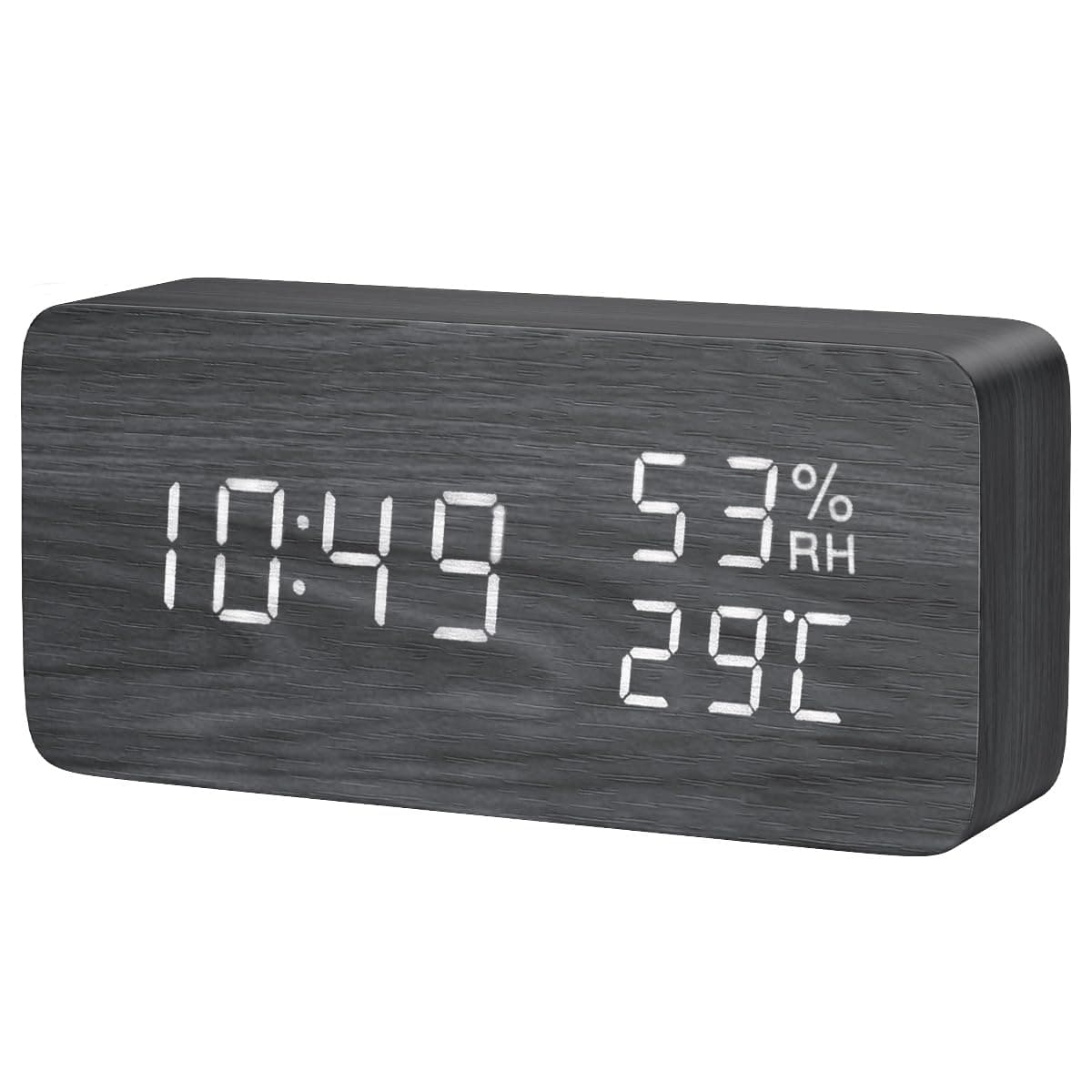 KeeKit Digital Wooden Alarm Clock, Electronic LED Desktop Clock with Temperature Humidity Time Display, 3 Alarm Settings, Voice Control, 3 Levels Adjustable Brightness for Home, Bedroom, Office