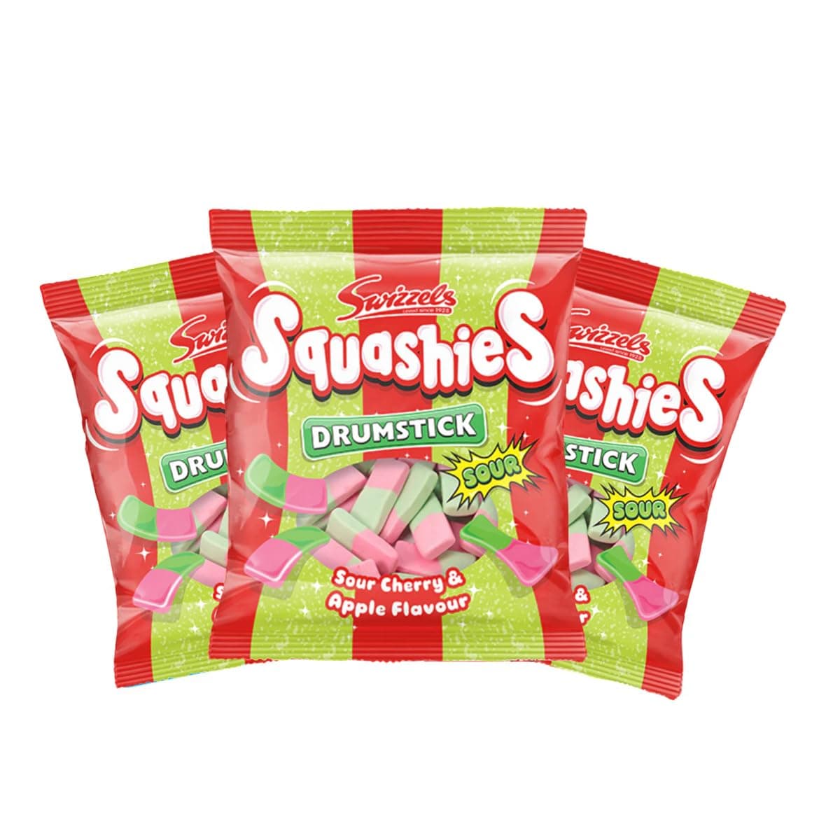 Squashie Drumstick Candy Variety 3 Pack Bundle - 3 Flavors Strawberry & Cream, Sour Cherry & Apple, Bubblegum - 120g Each - Imported from the UK (Cherry)