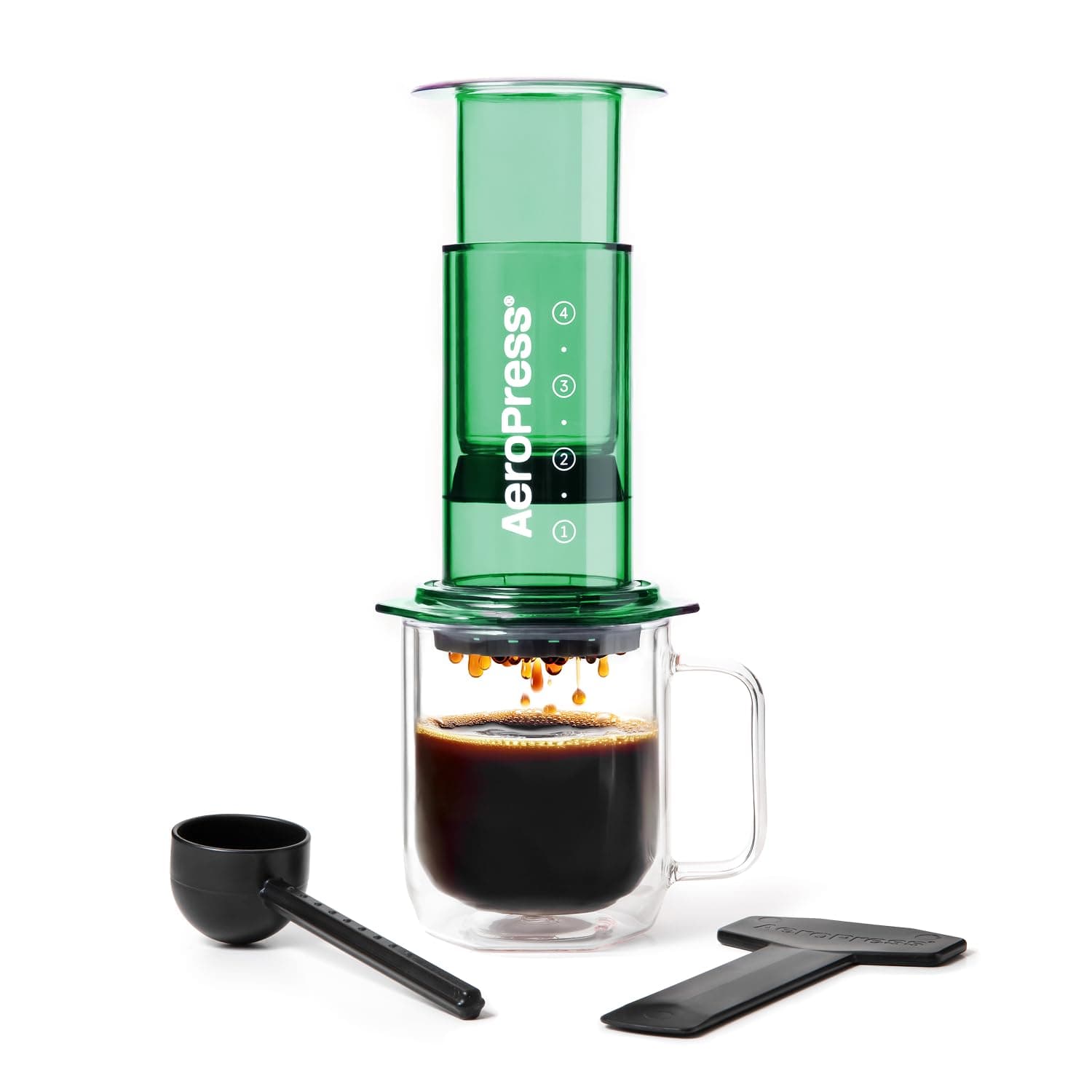 Clear Coffee Press – 3 In 1 Brew Method Combines French Press, Pourover, Espresso, Full Bodied Coffee Without Grit or Bitterness, Small Portable Coffee Maker for Camping & Travel, Green