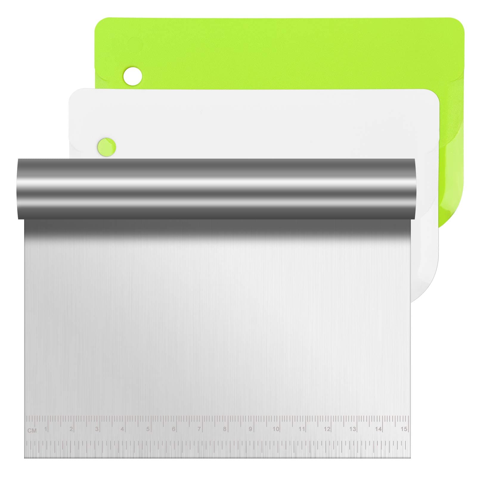 Vicloon Dough Scraper Cutter, 3 Pcs Stainless Steel Dough Scraper with Handle and Measuring Scale Plastic Shape Spatulas Flexible Dough Cutter for Pizza Pastry Bread Baking Cream Smoother