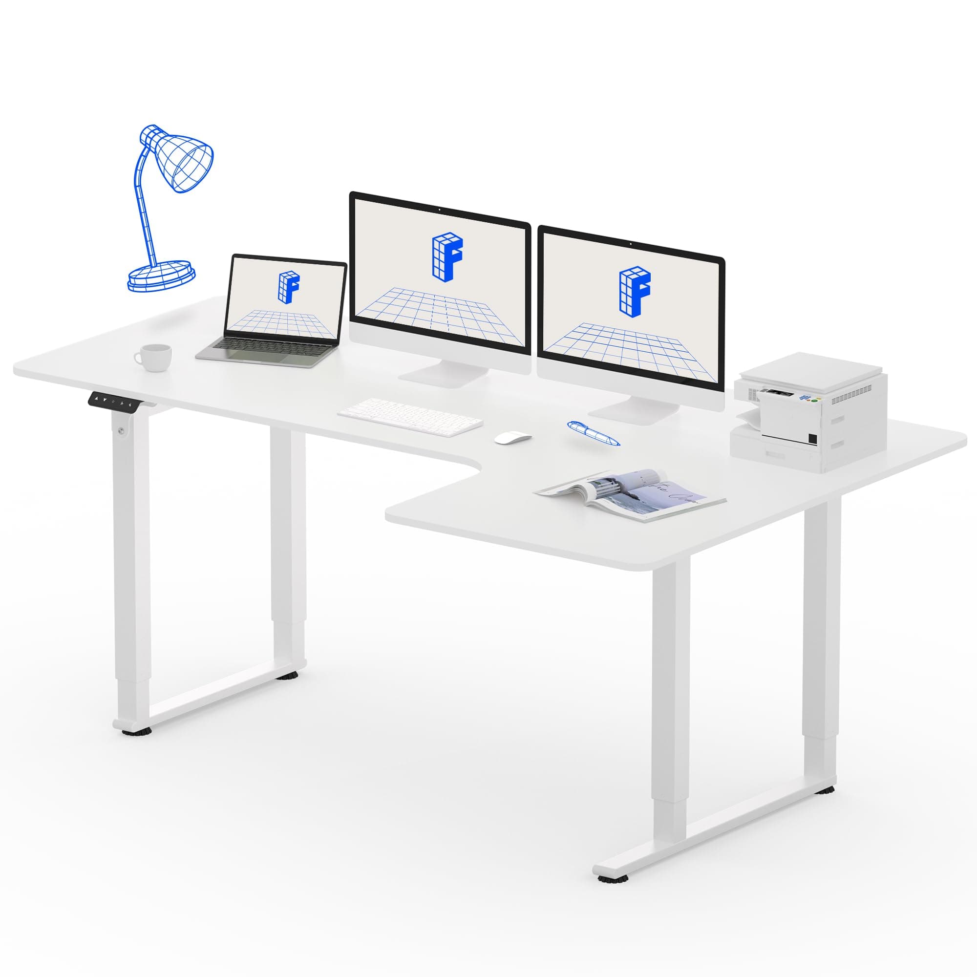 Electric Standing Desk L Shape 4 Legs Dual Motors, Height Adjustable Sit Stand Home Office Workstation with Memory Smart Panel, Splice Board, QS2 160 * 110cm White