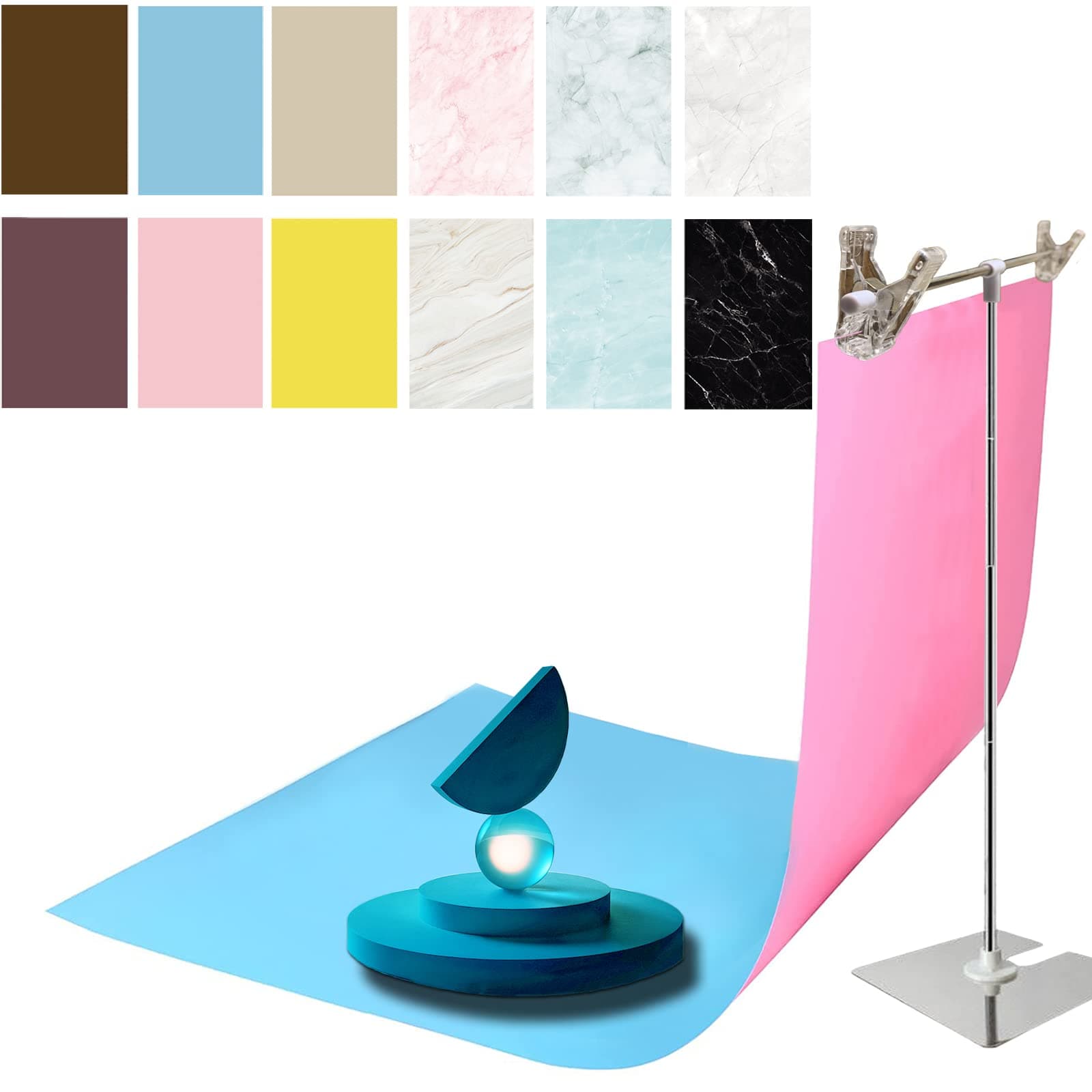 6PCS 12Patterns Double-Sided Photography Background Paper with Stand, Waterproof Reusable 34x23in Morandi Marbles Photo Tabletop Backdrops for Food Jewelry Cosmetics Makeup