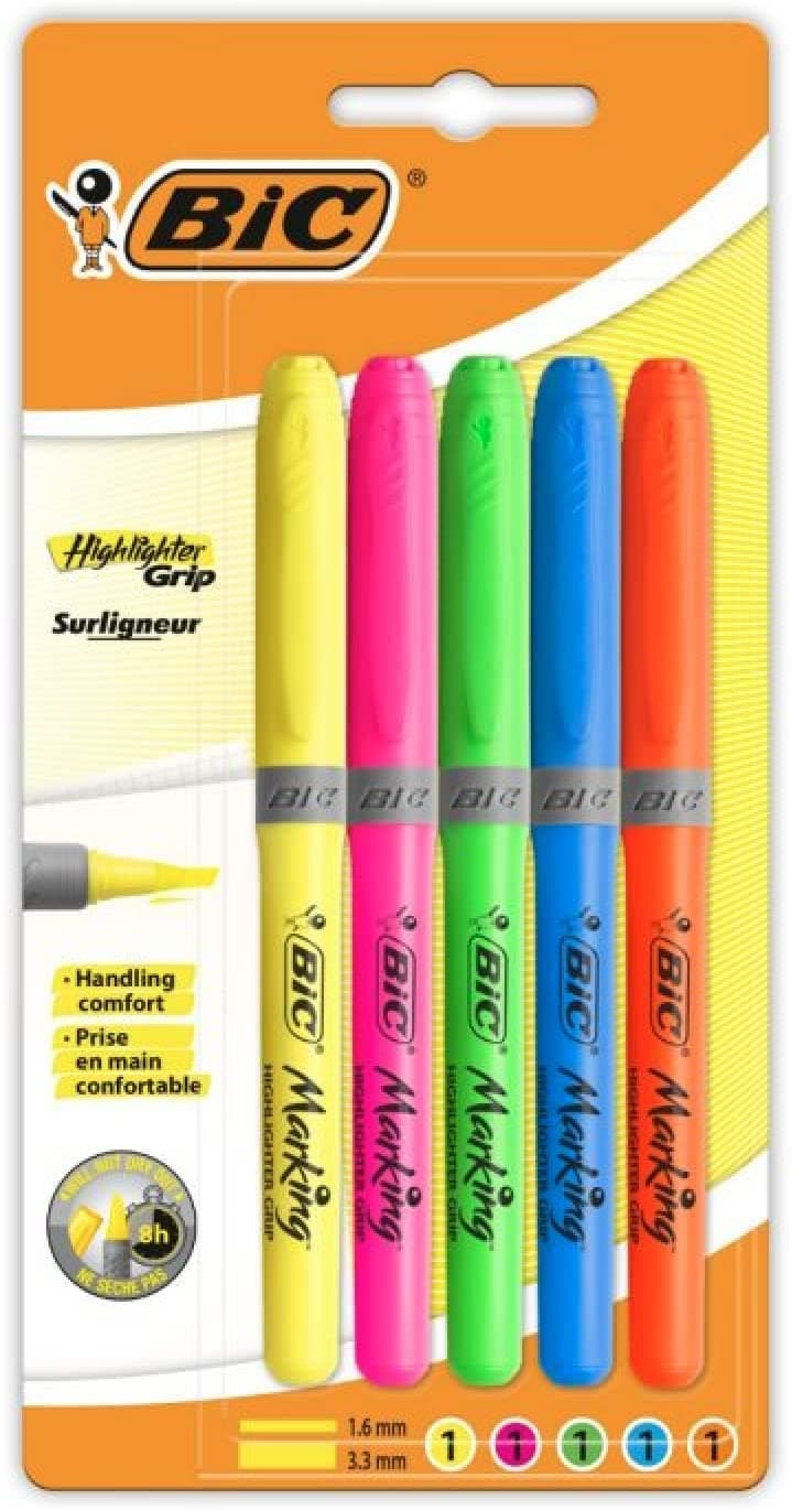 BiC Highlighter Grip, Highlighter Pens with Chisel Tip, Long-lasting, Ideal for School and Office, Assorted Colours, 5 count (Pack of 1)