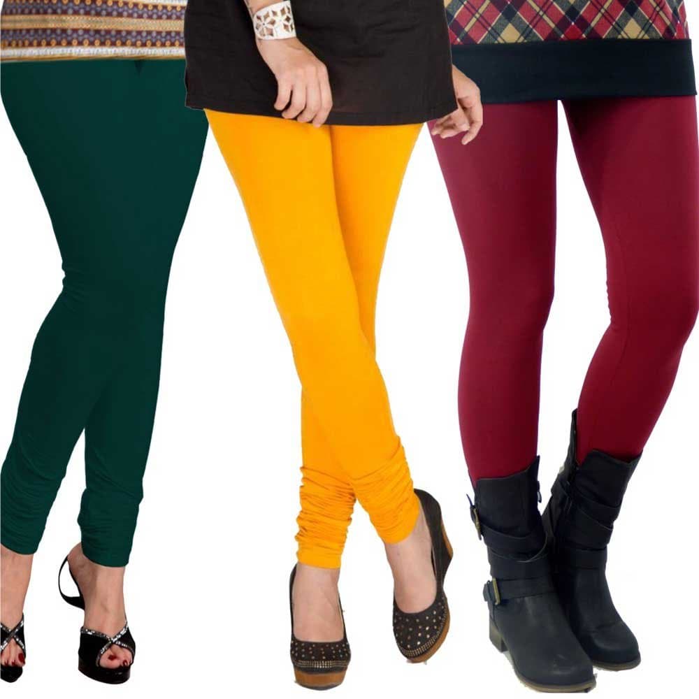 Leggings Set for Women's/Girls by Pixie in Combo (Pack of 3) Dark Green, Dark Yellow and Maroon- Free Size