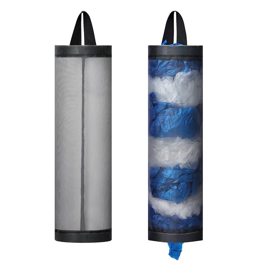 Bag Holder for Plastic Bags, 2 Pcs Polyester Grocery Bag Holder Plastic Dispenser Foldable Breathable Washable Hanging Mesh Garbage Bag Organizer for Kitchen Plastic Bag Storage (Gray)