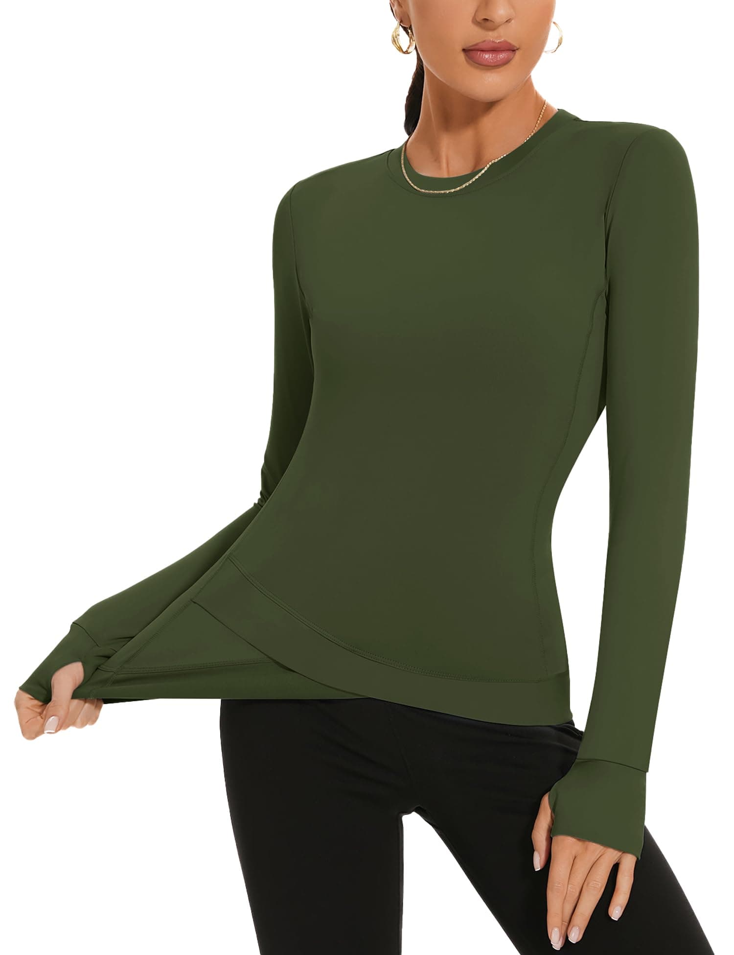 AKEWEI Cross Hem Athletic Compression Shirts Women's Long Sleeve Workout Tops Breathable Yoga T-Shirts with Thumb Hole