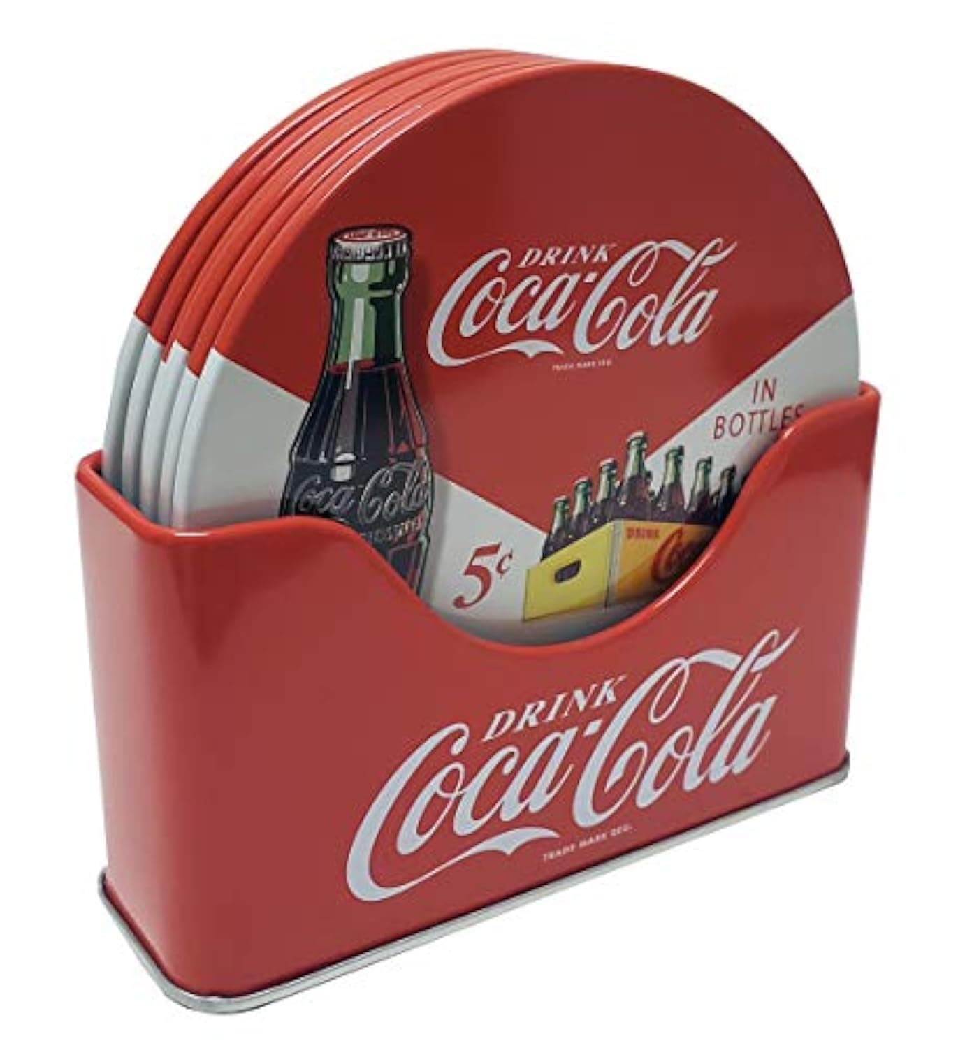 Coke 6 pc Coaster Set with Standing Metal Holder, Red