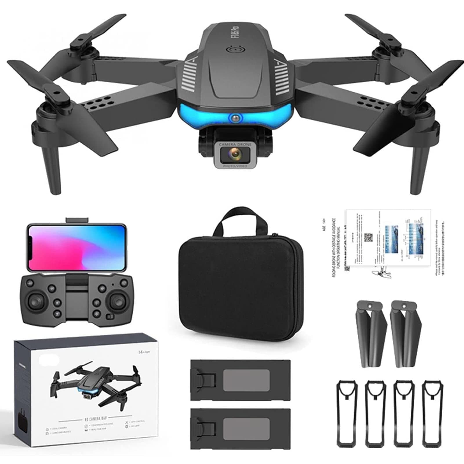 Mini Drone with Camera - 1080P HD FPV Foldable Drone with Carrying Case,2 Batteries,Optical Flow Positioning, Headless Mode,One Key Start Speed Adjustment,Toys Gifts for Kids and Adults, Black-C