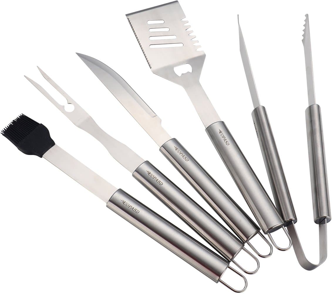UOPASD BBQ Grill Tools Set–5 Piece Heavy Duty Stainless Steel Grilling Utensils, Complete Barbecue Set With Spatula, Tongs, Fork, Knife and Basting Brush