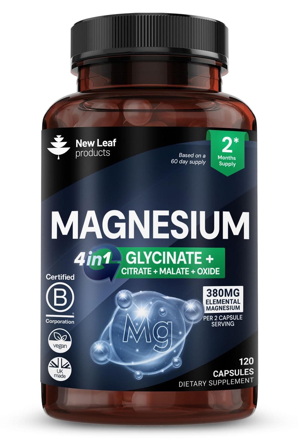 Magnesium Glycinate 4-in-1 Complex 2000mg - 449mg Elemental Magnesium High Strength Magnesium Supplements - Magnesium Bisglycinate,Citrate, Malate, Oxide - 120 Capsules - Vegan UK Made by New Leaf
