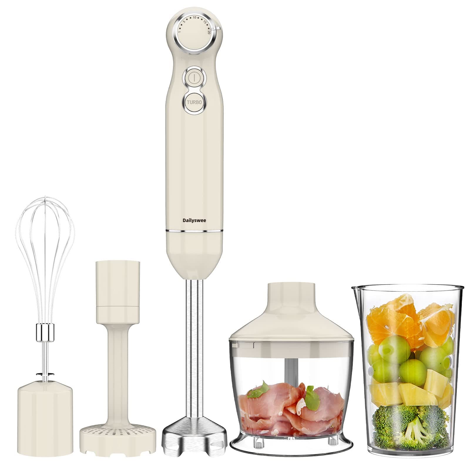 Electric Hand Blender Set, 5 in 1 Stick Blender for Kitchen, Immersion Blender with 600ml Beaker,500ml Food Chopper,Whisk,Potato Masher & Mixer,Hand Blender for Soup,Baby Food,BPA-Free 800W-White