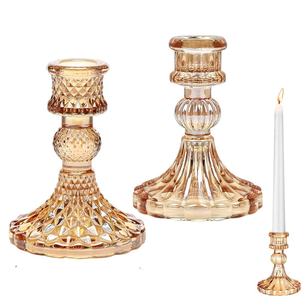 Clear Glass Candlestick Holders,2 Pcs Set Include Taper Stripe Candle Stand,Candle Stick Container Candelabra for Christmas Decorations Table Centerpieces Festival, Wedding Dinner Party-Amber