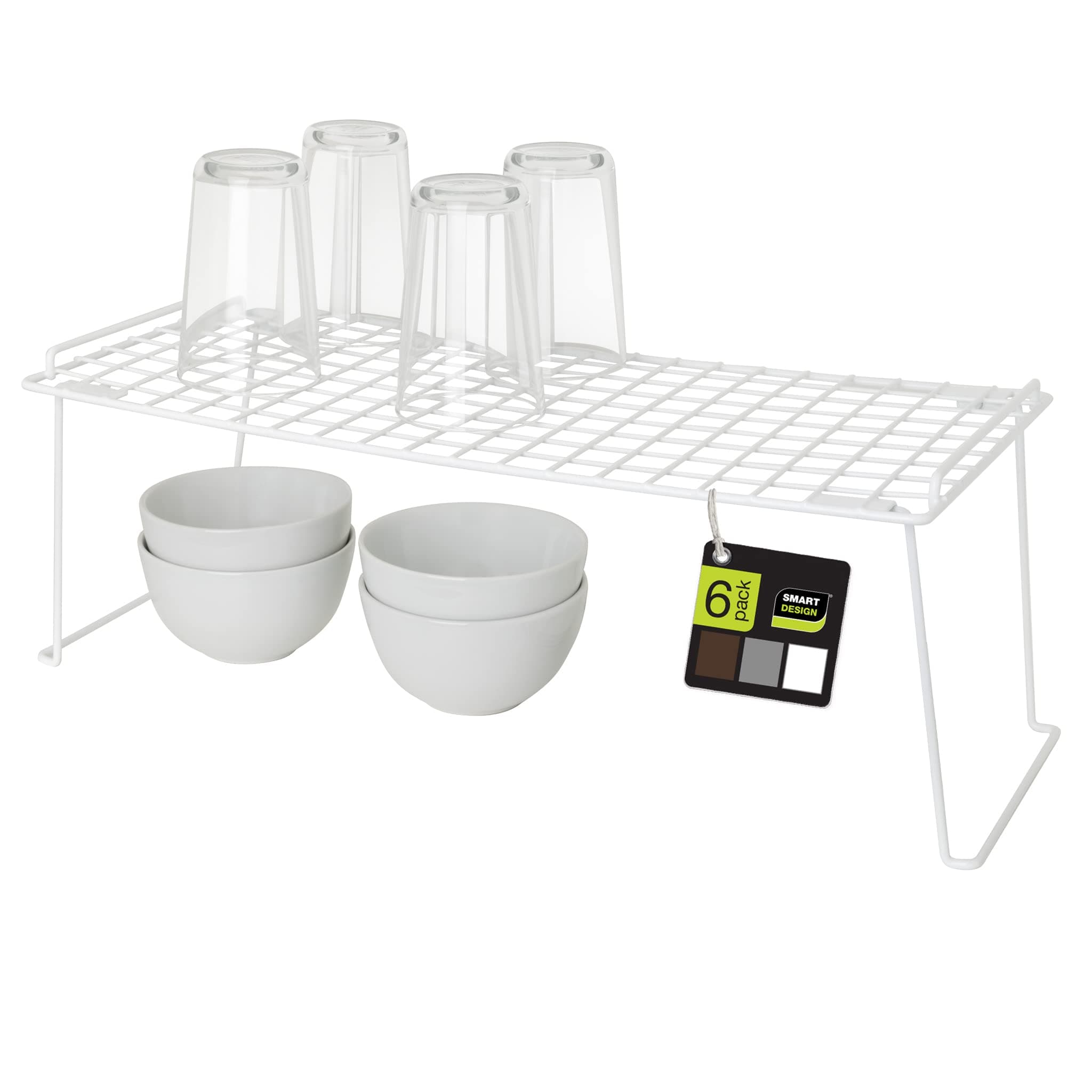 Smart Design Stacking Cabinet Shelf Rack - Set of 6 - Extra Large 22 x 10 Inch - Steel Metal Wire - Cupboard, Plate, Dish, Counter and Pantry Organizer Organization - Kitchen - White