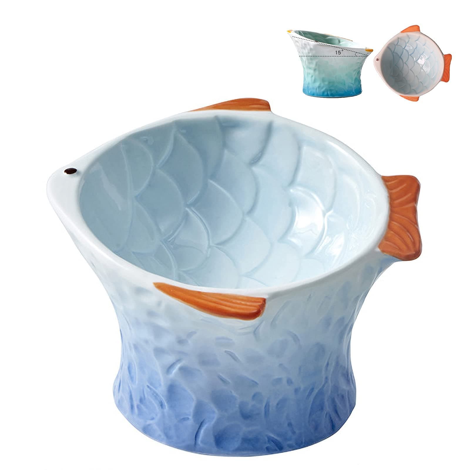 Raised Tilted Ceramic Cat Food Bowl - Cute Fish Shape Elevated Slanted Shallow Angled Cat Dish - Personalized Pet Feeder for Kitty Dry Wet Treats Feeding - Ergonomic Anti Vomiting Whisker Fatigue