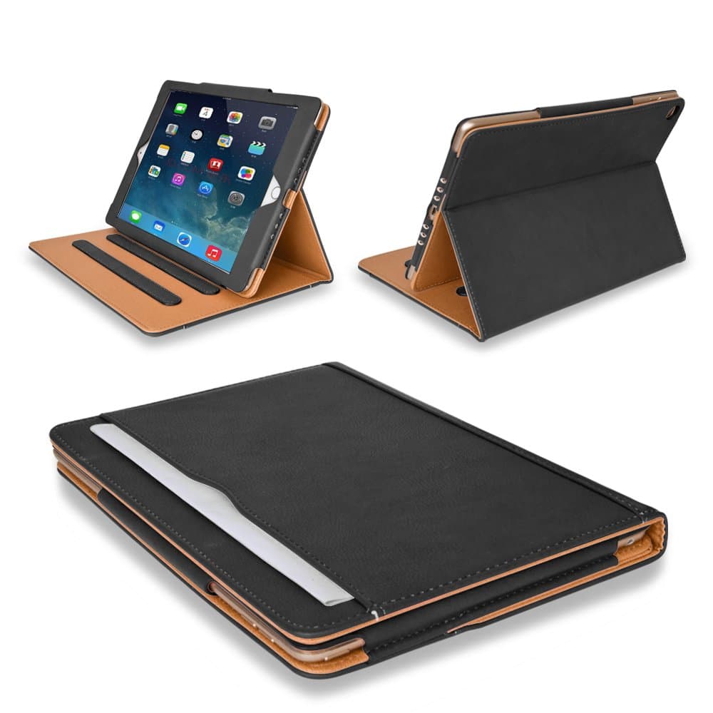 MOFRED® Black & Tan Apple iPad Air-5th Generation (2013 Version) Leather Case-MOFRED®- Executive Multi Function Leather Standby Case for Apple iPad Air with Built-in magnet for Sleep & Awake Feature + Screen Protector + Stylus Pen